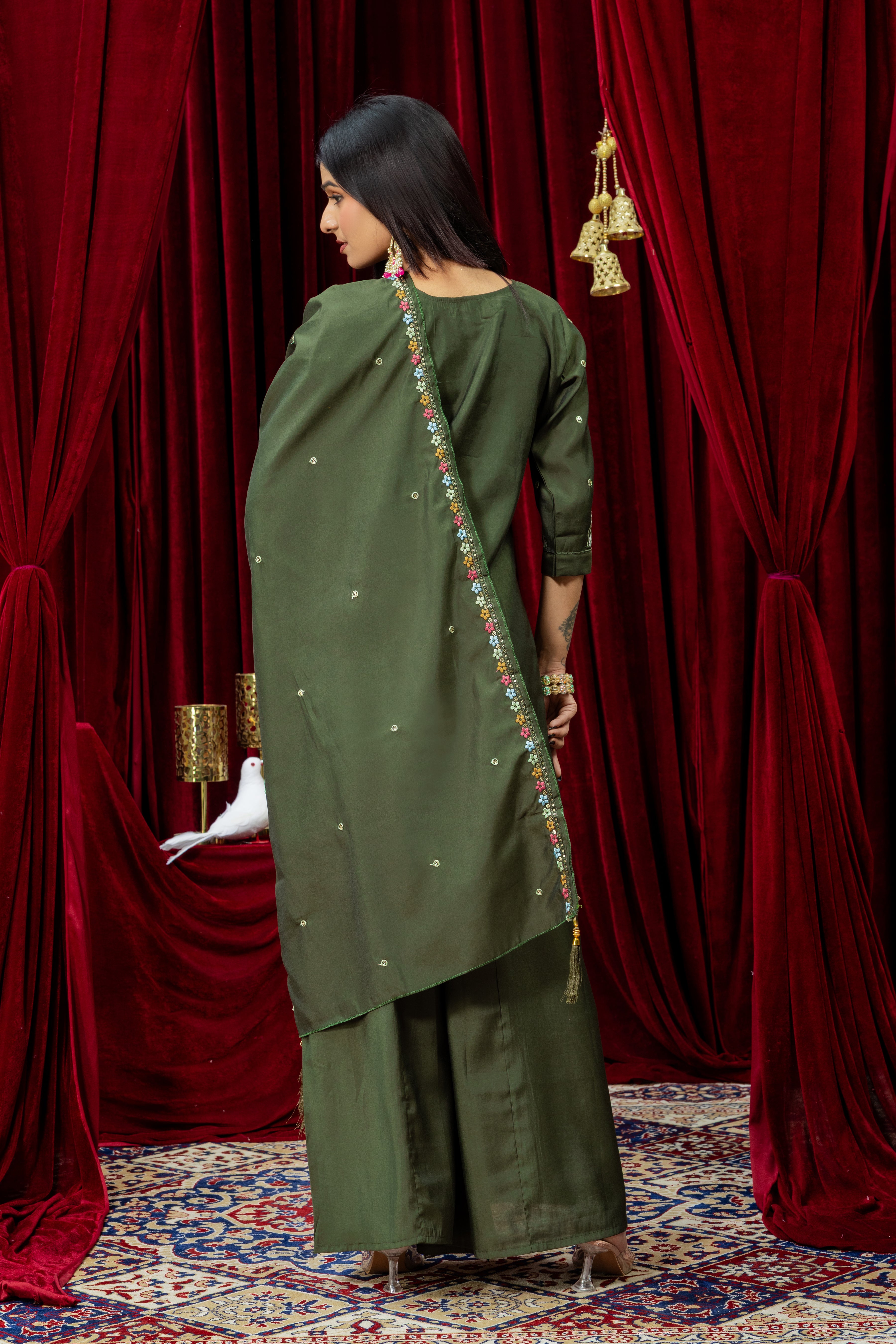 Olive Green Embroidered Kurta Set with Matching Palazzo & Dupatta