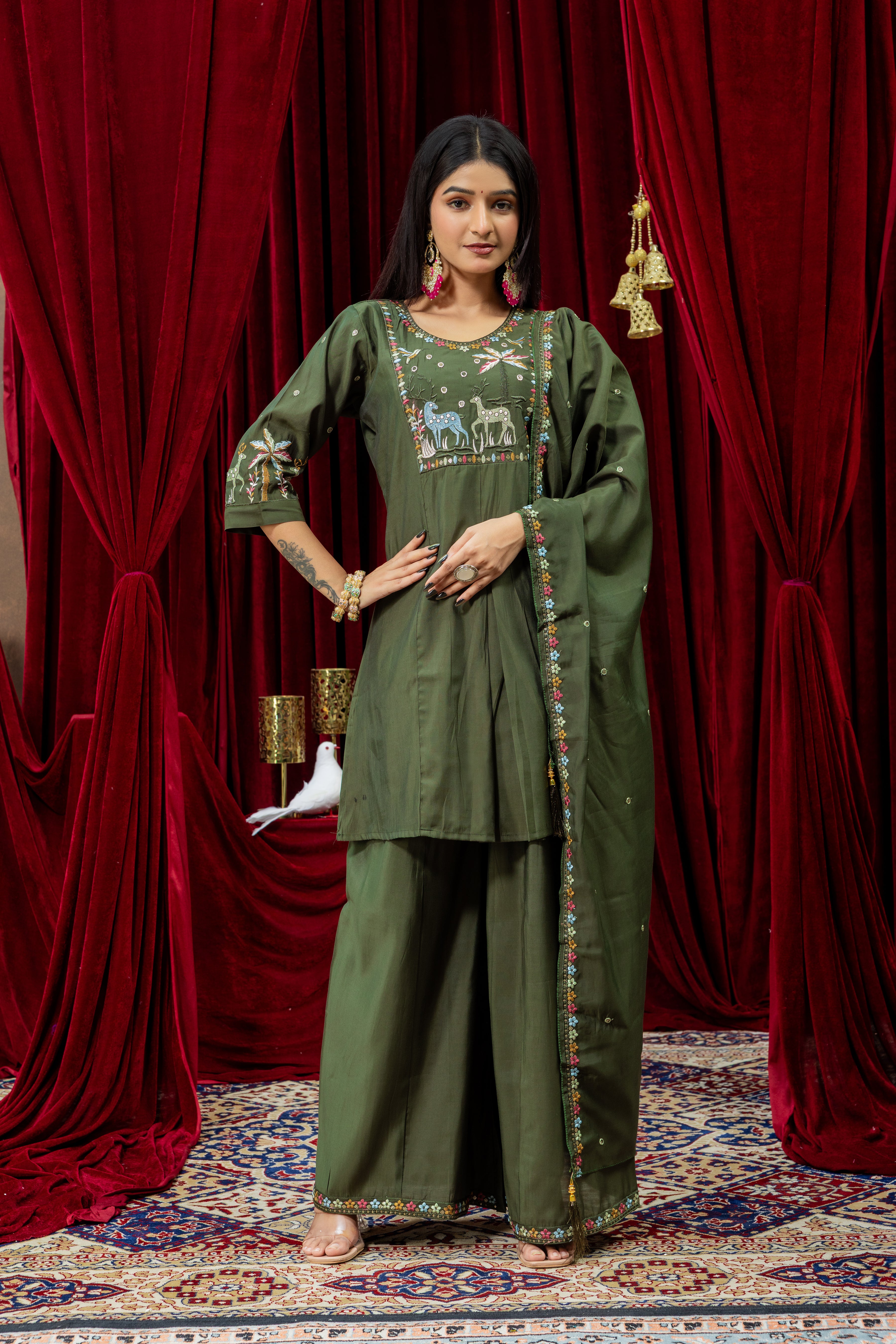 Olive Green Embroidered Kurta Set with Matching Palazzo & Dupatta