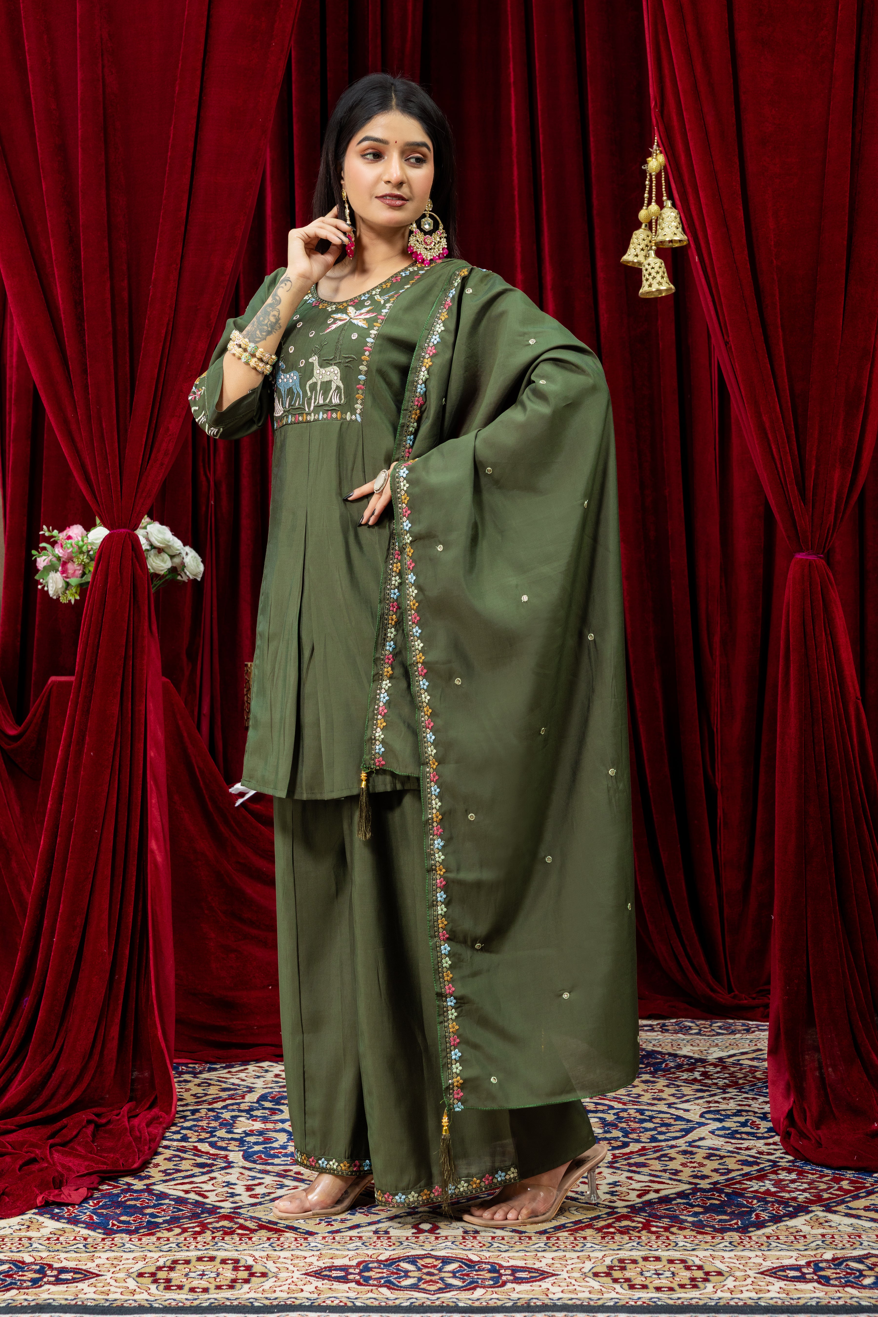 Olive Green Embroidered Kurta Set with Matching Palazzo & Dupatta