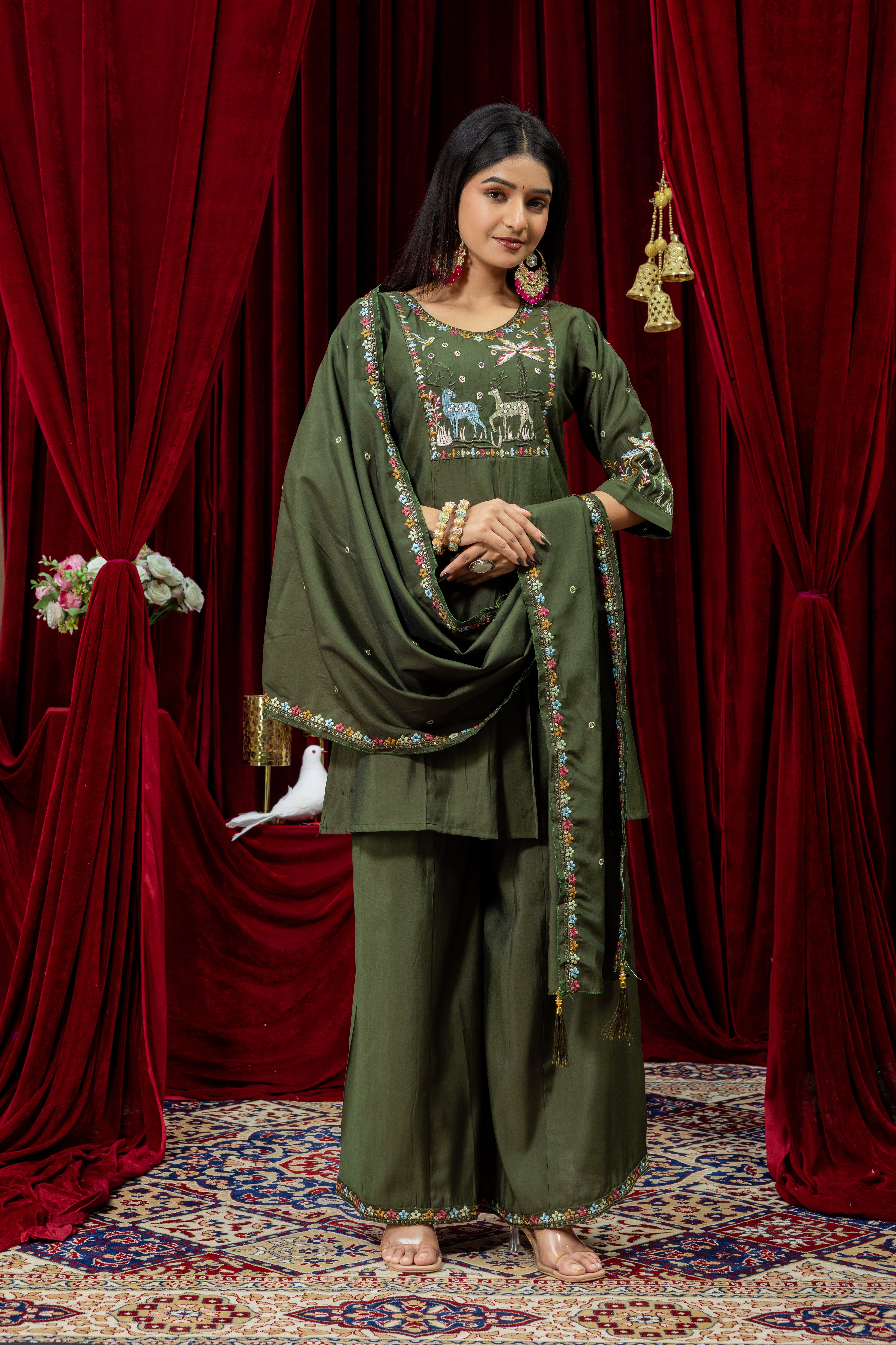 Olive Green Embroidered Kurta Set with Matching Palazzo & Dupatta