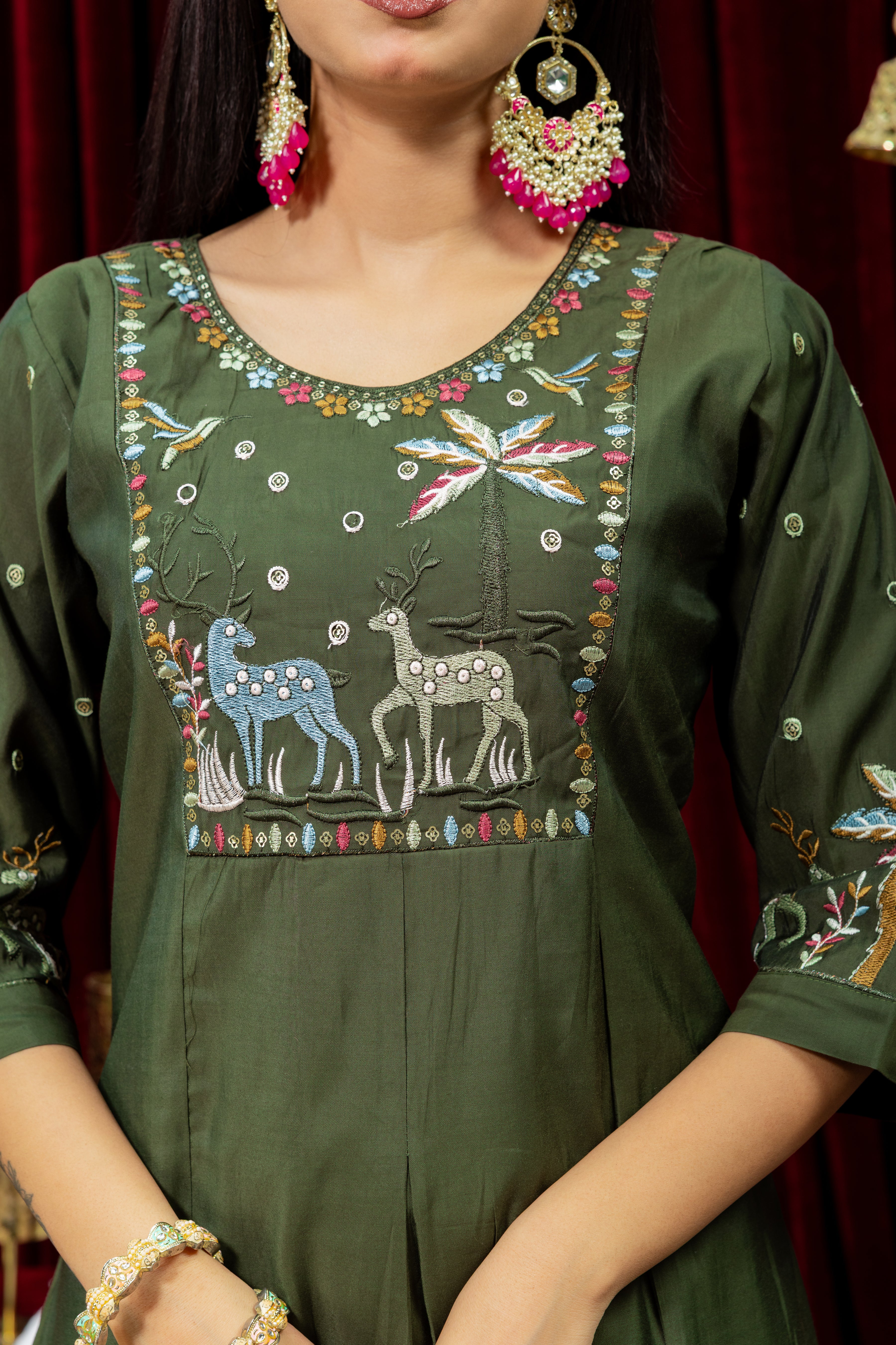 Olive Green Embroidered Kurta Set with Matching Palazzo & Dupatta
