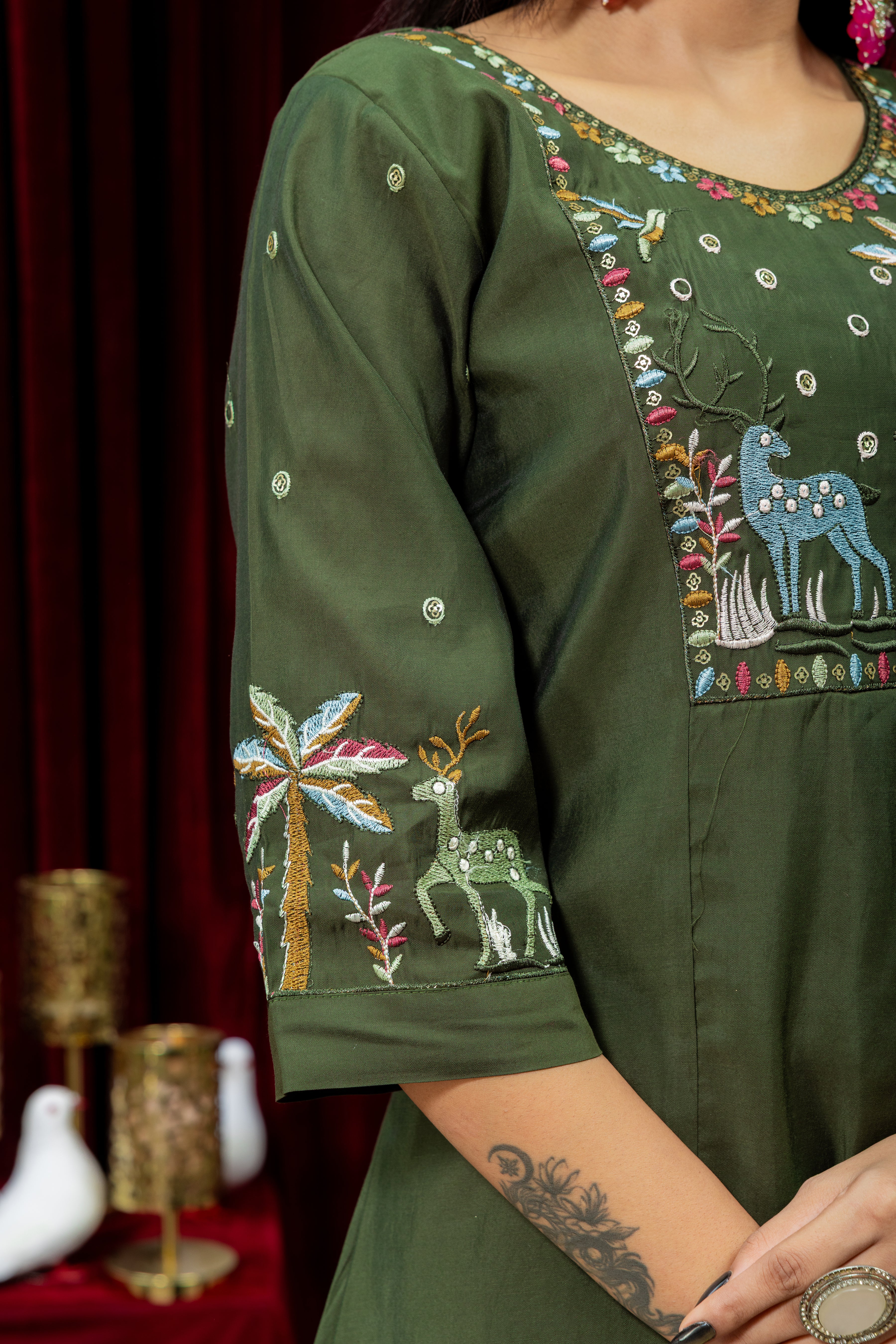 Olive Green Embroidered Kurta Set with Matching Palazzo & Dupatta