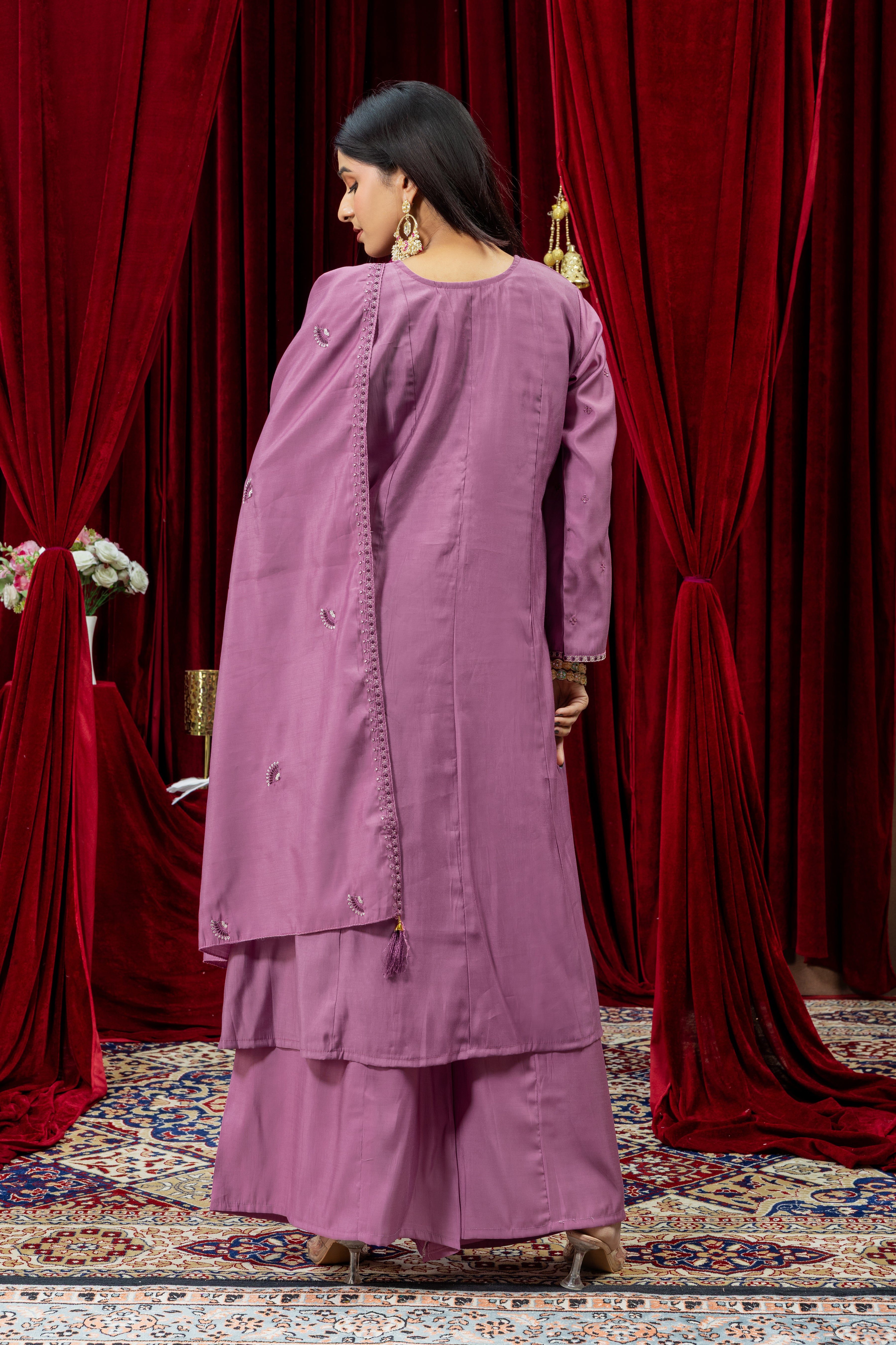 Mauve Purple Embroidered Kurta Set with Palazzo & Dupatta