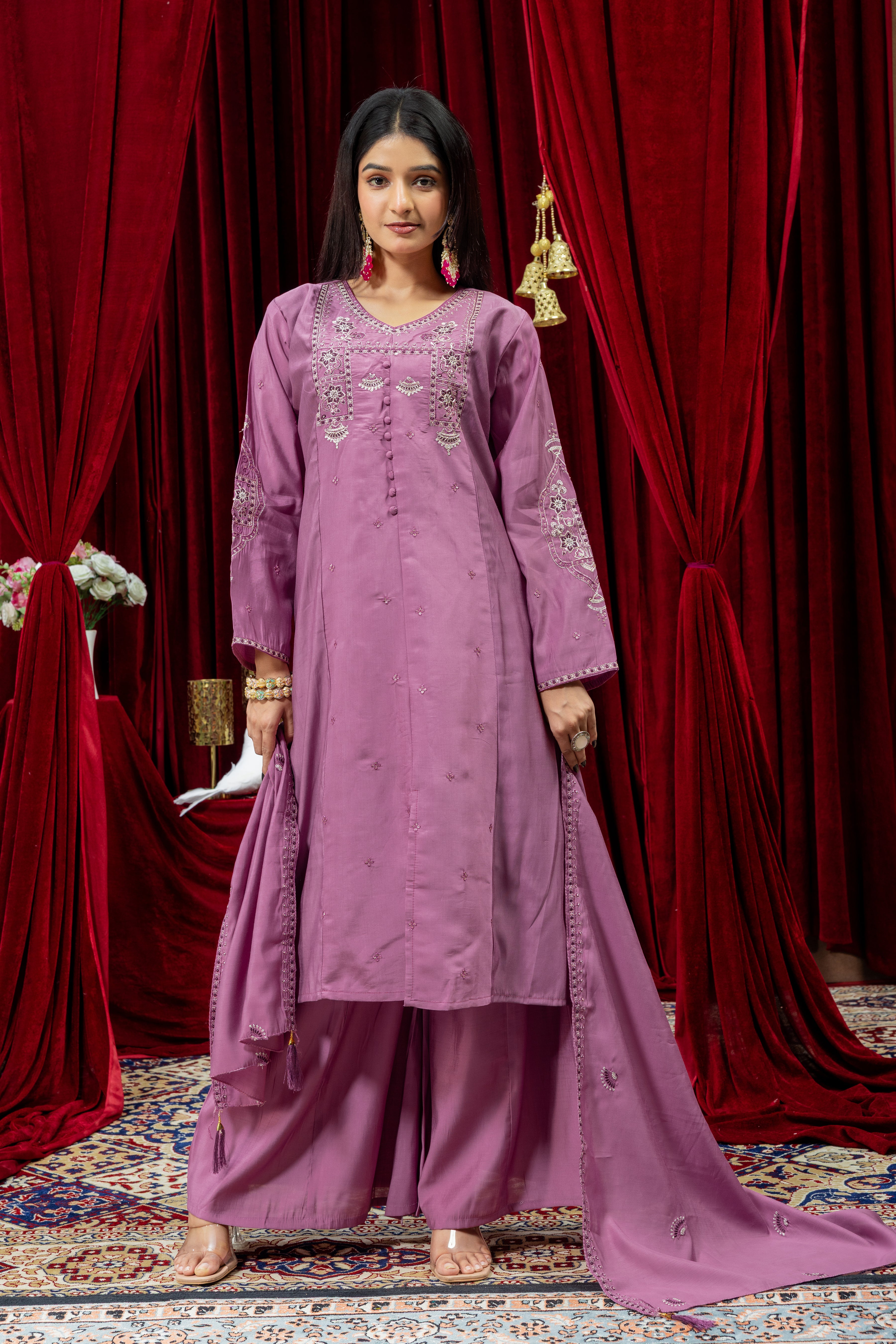 Mauve Purple Embroidered Kurta Set with Palazzo & Dupatta