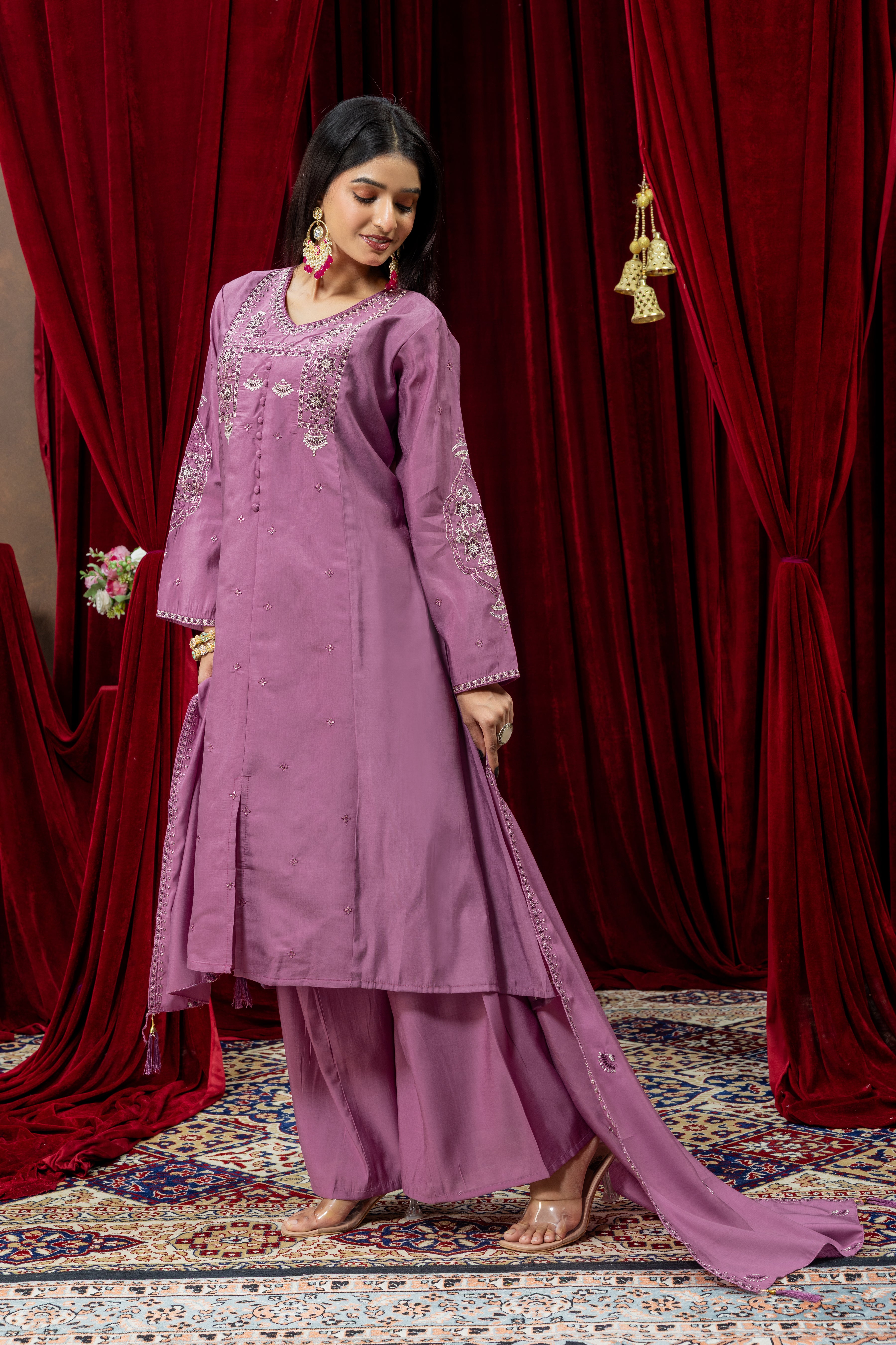 Mauve Purple Embroidered Kurta Set with Palazzo & Dupatta
