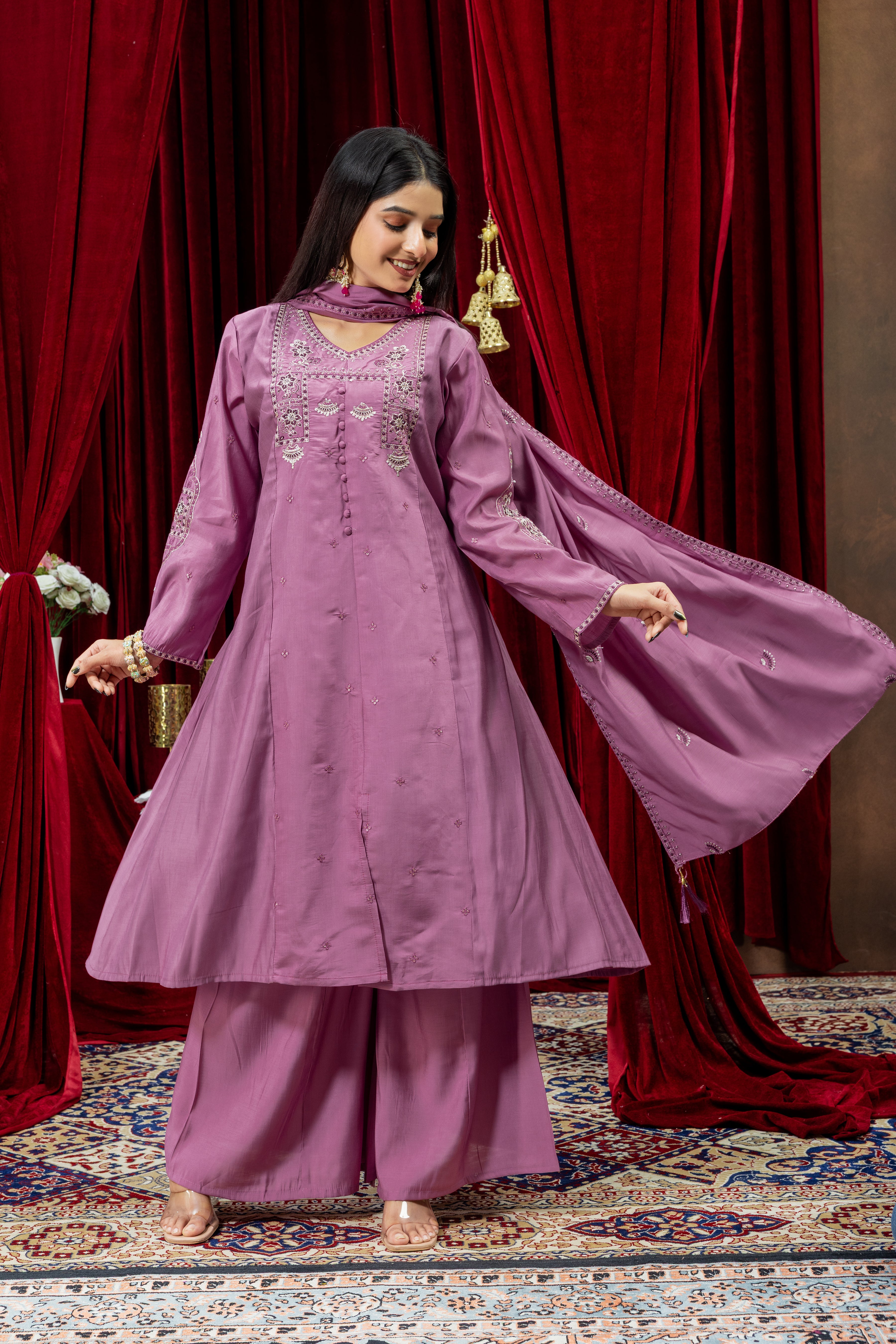 Mauve Purple Embroidered Kurta Set with Palazzo & Dupatta