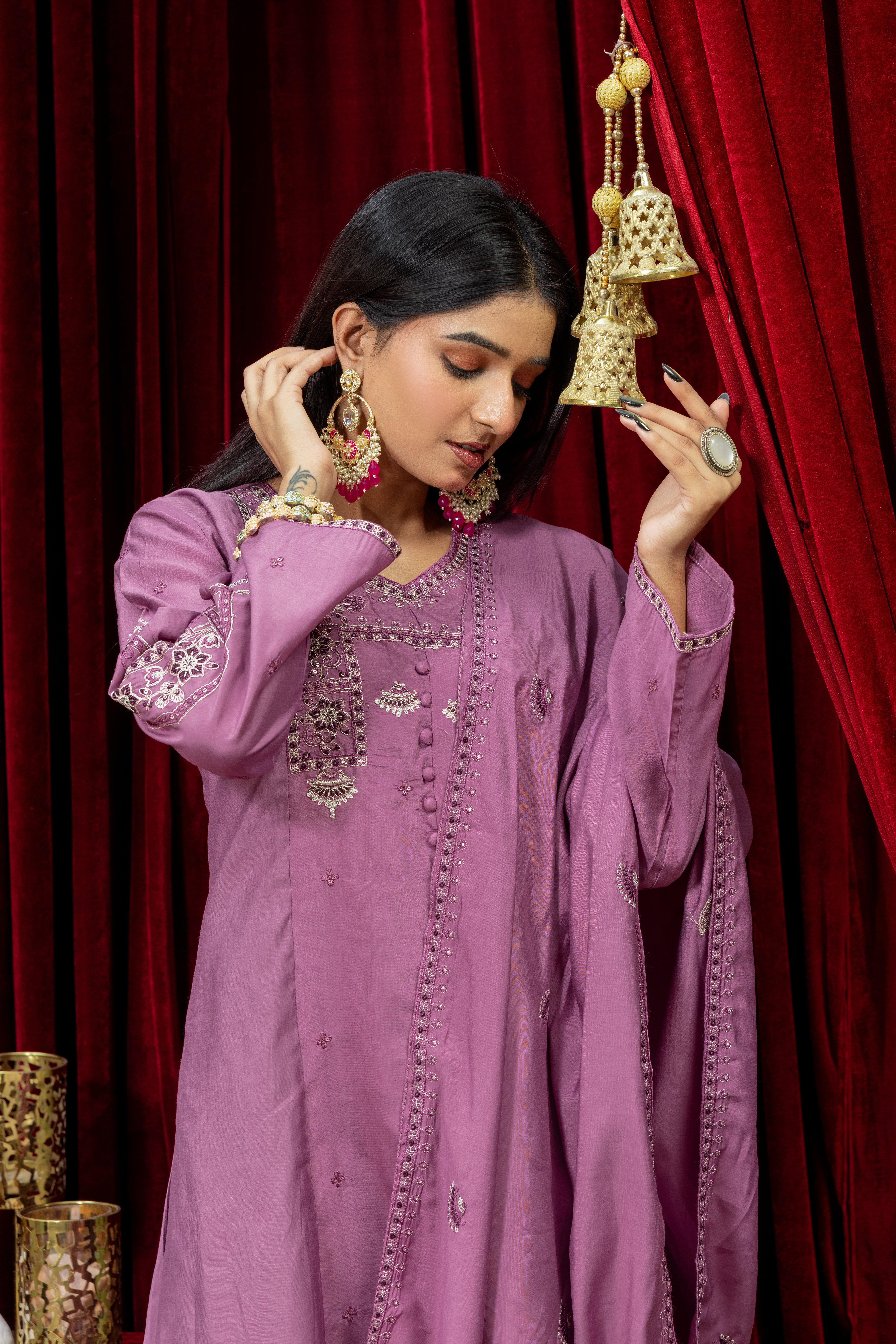 Mauve Purple Embroidered Kurta Set with Palazzo & Dupatta