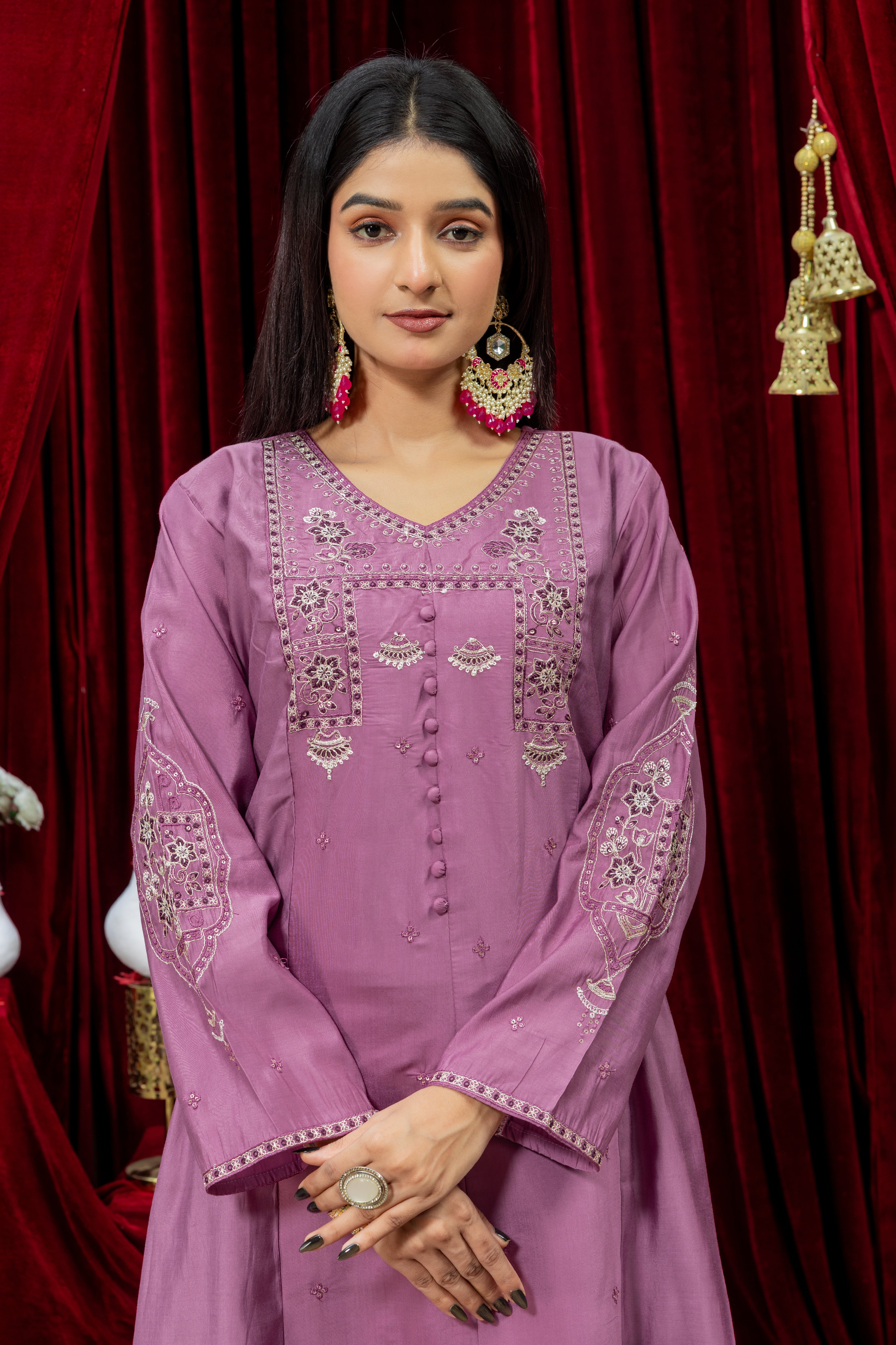 Mauve Purple Embroidered Kurta Set with Palazzo & Dupatta