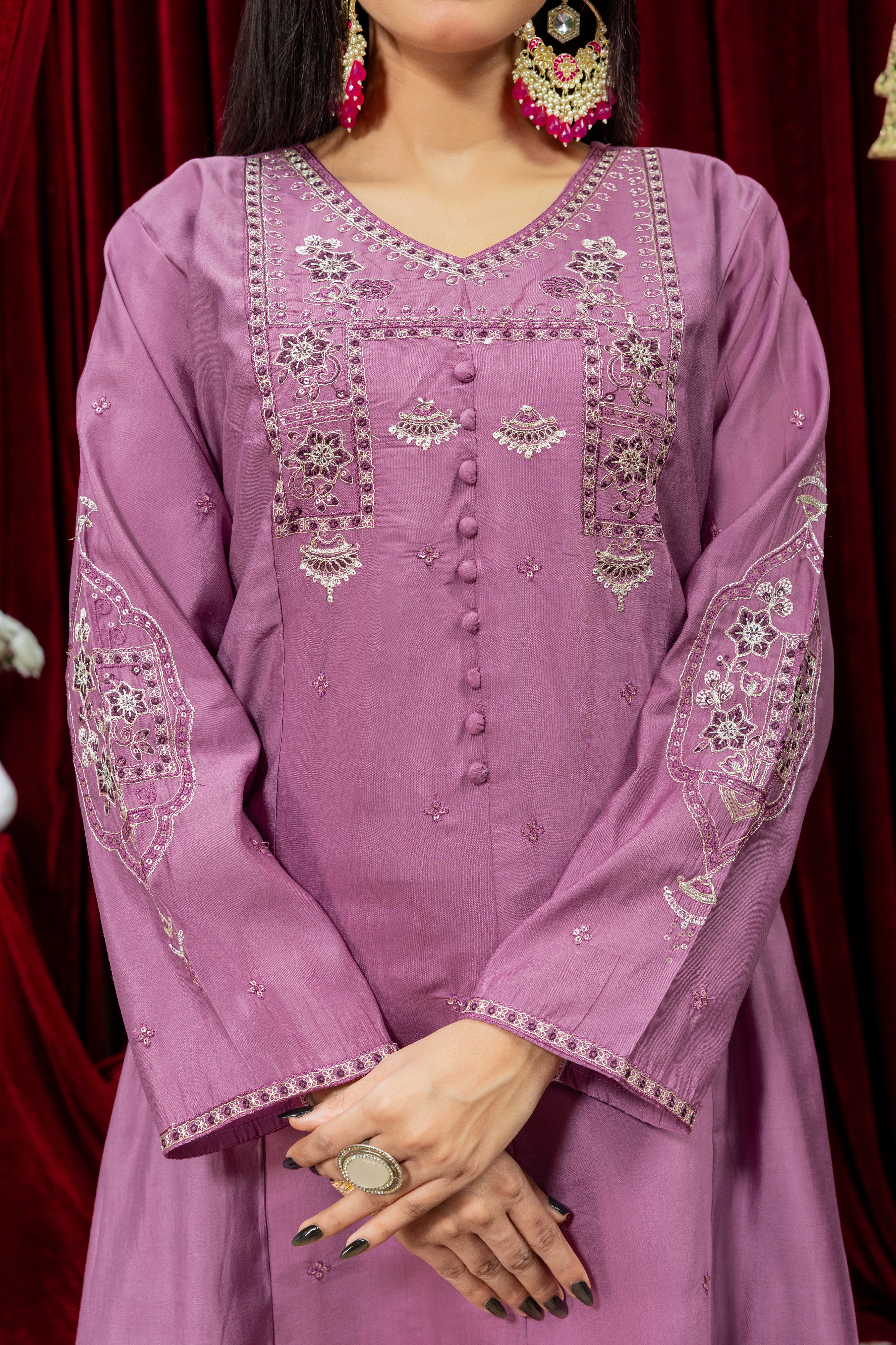 Mauve Purple Embroidered Kurta Set with Palazzo & Dupatta