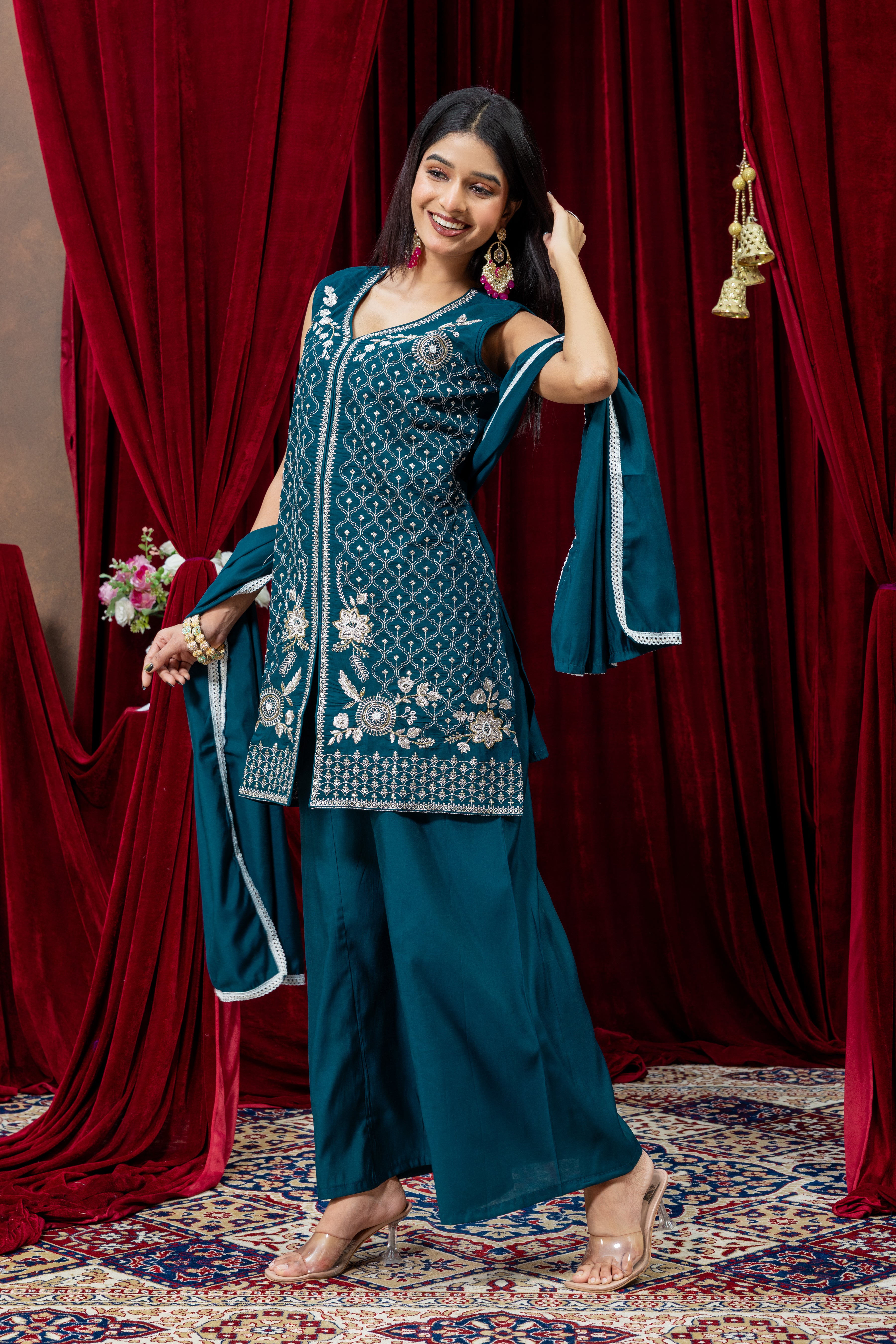 Teal Blue Embroidered Suit Set with Dupatta