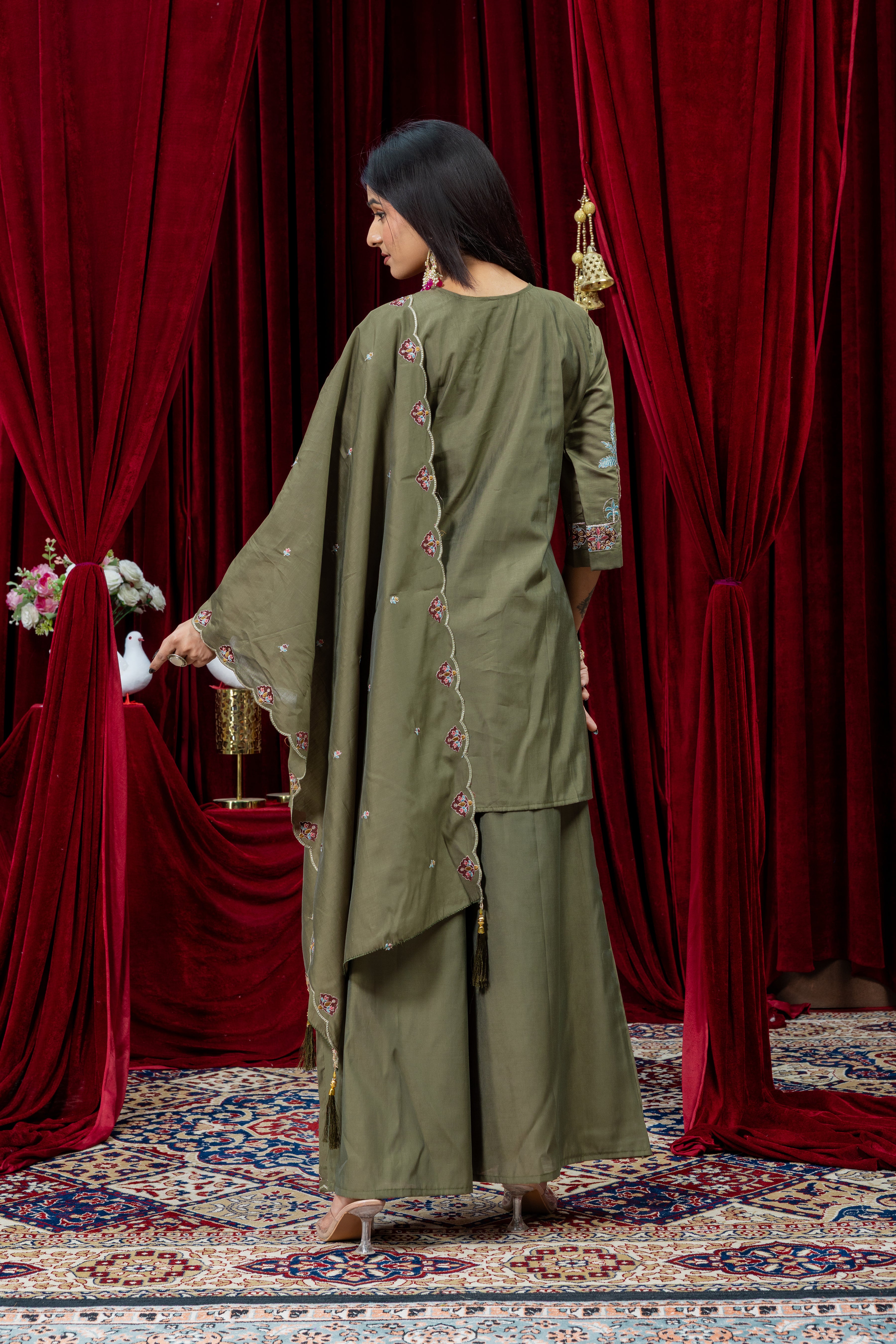 Olive Green Embroidered Anarkali Suit Set with Dupatta