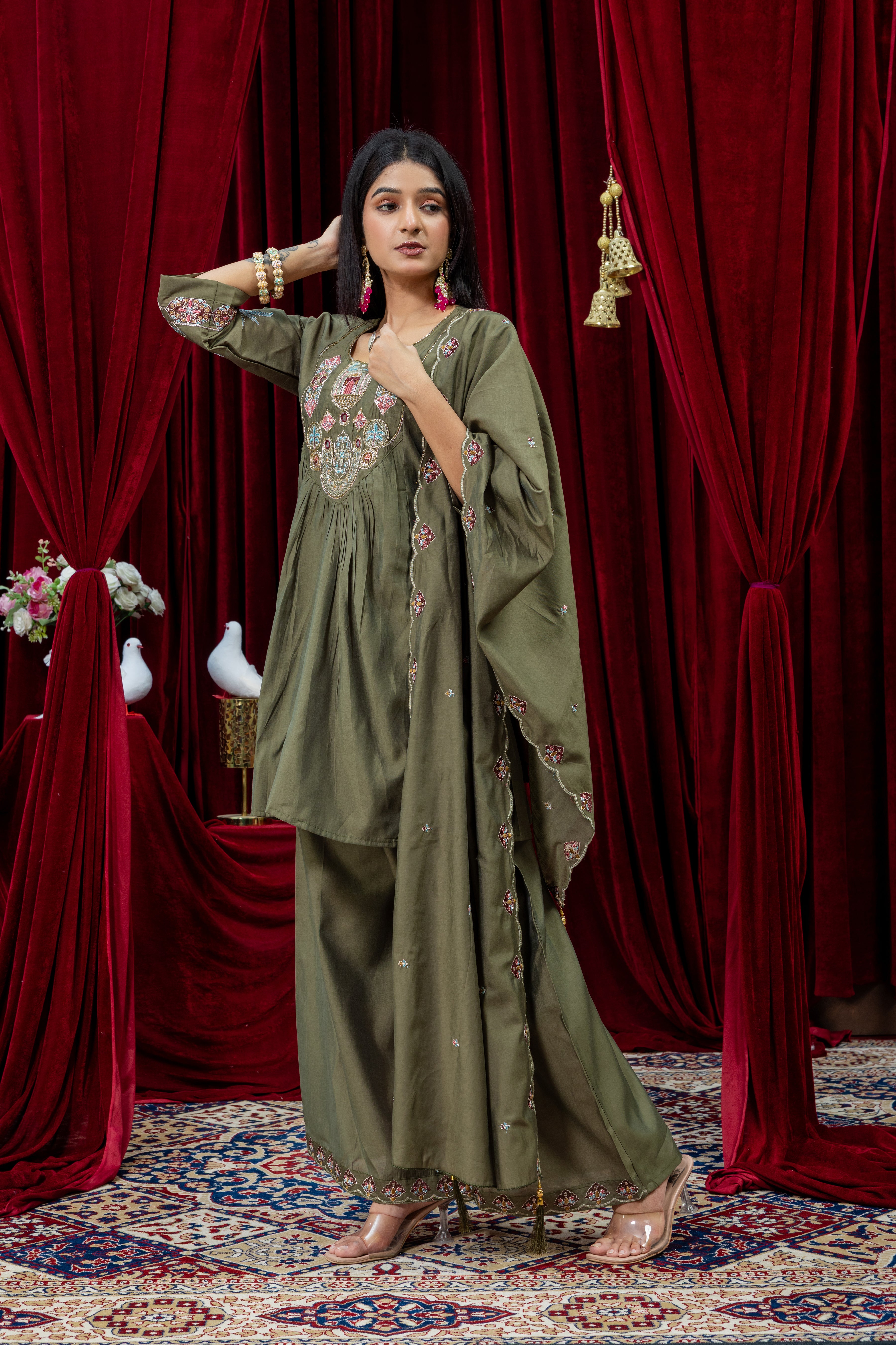 Olive Green Embroidered Anarkali Suit Set with Dupatta