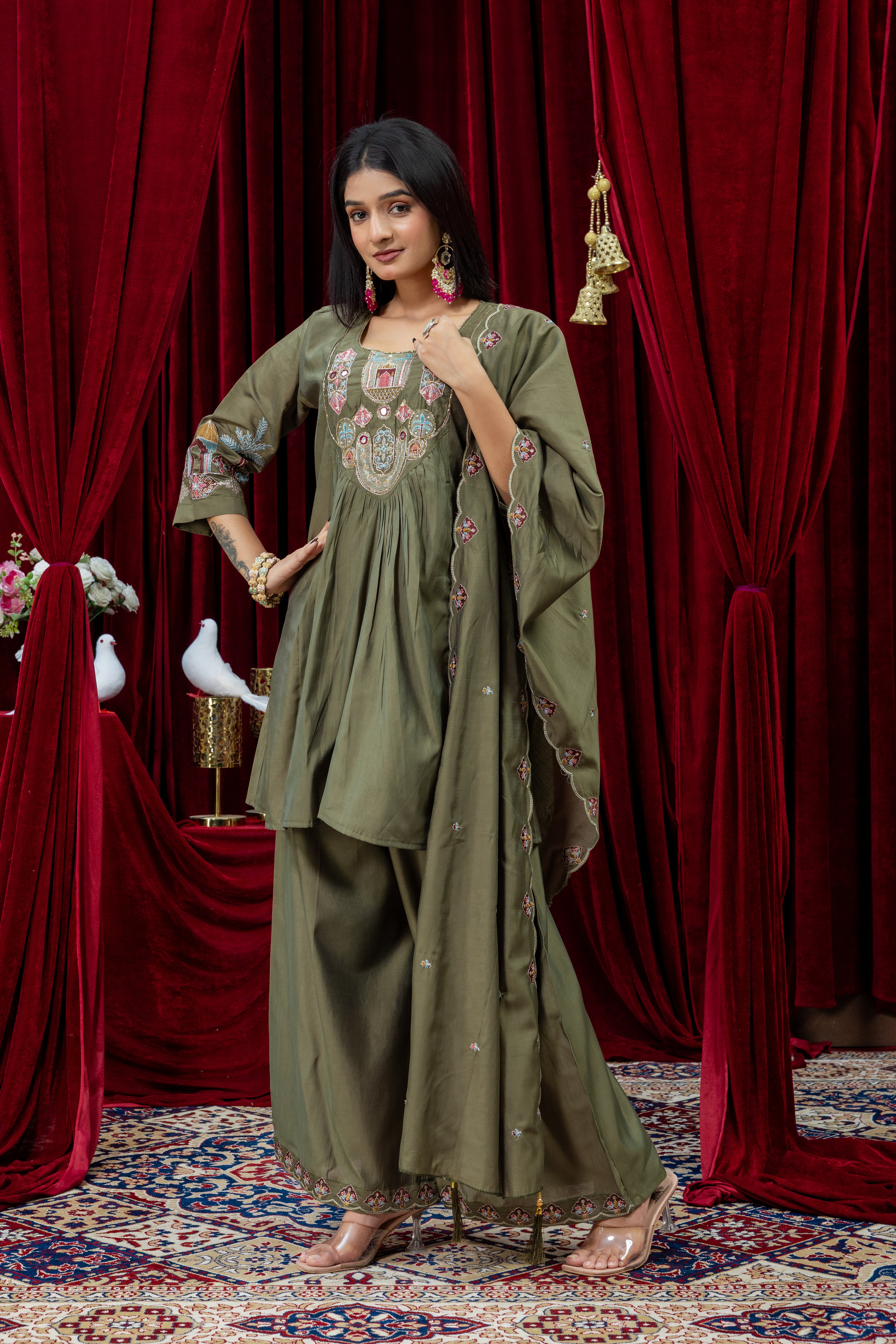 Olive Green Embroidered Anarkali Suit Set with Dupatta