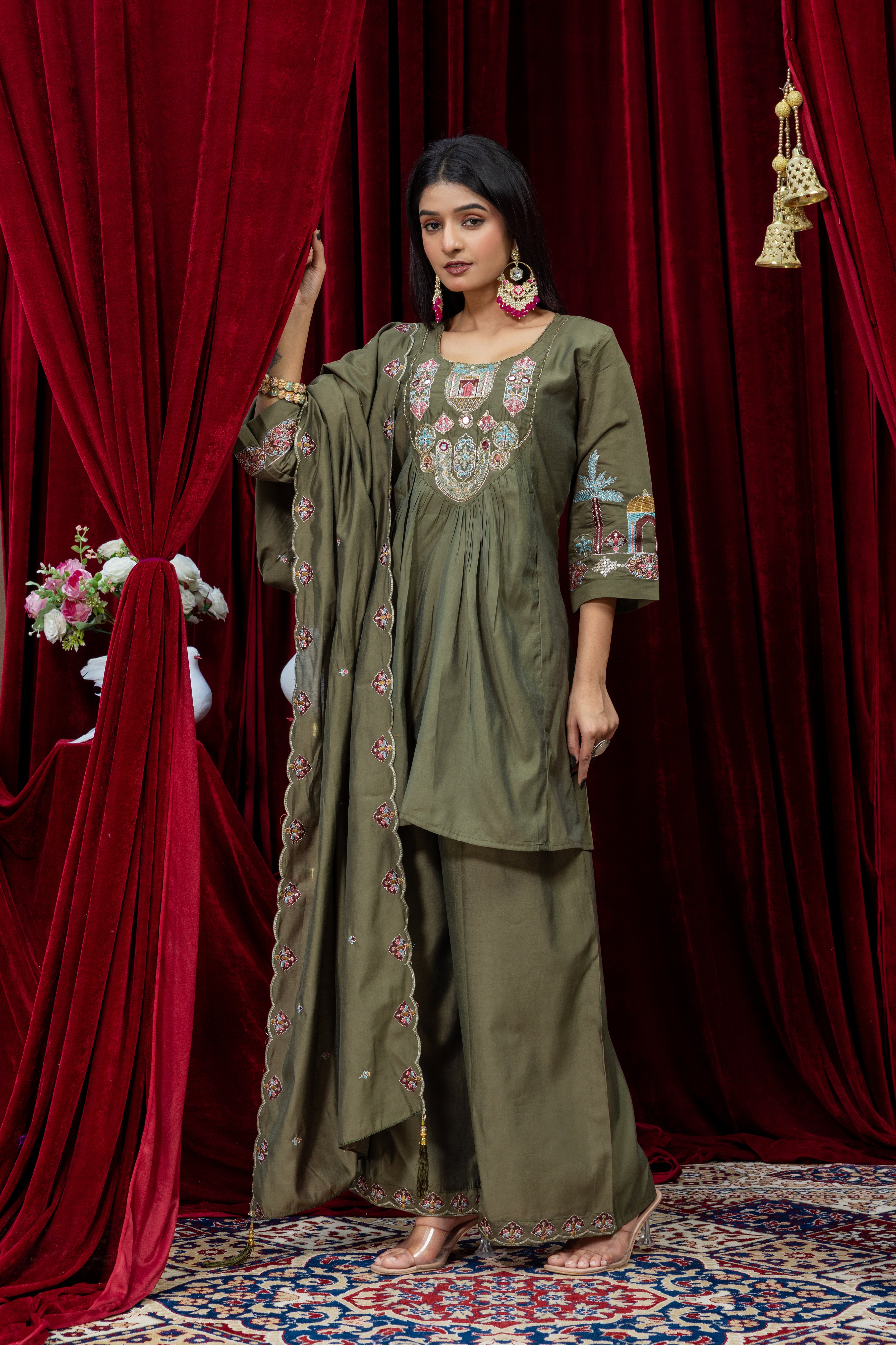 Olive Green Embroidered Anarkali Suit Set with Dupatta