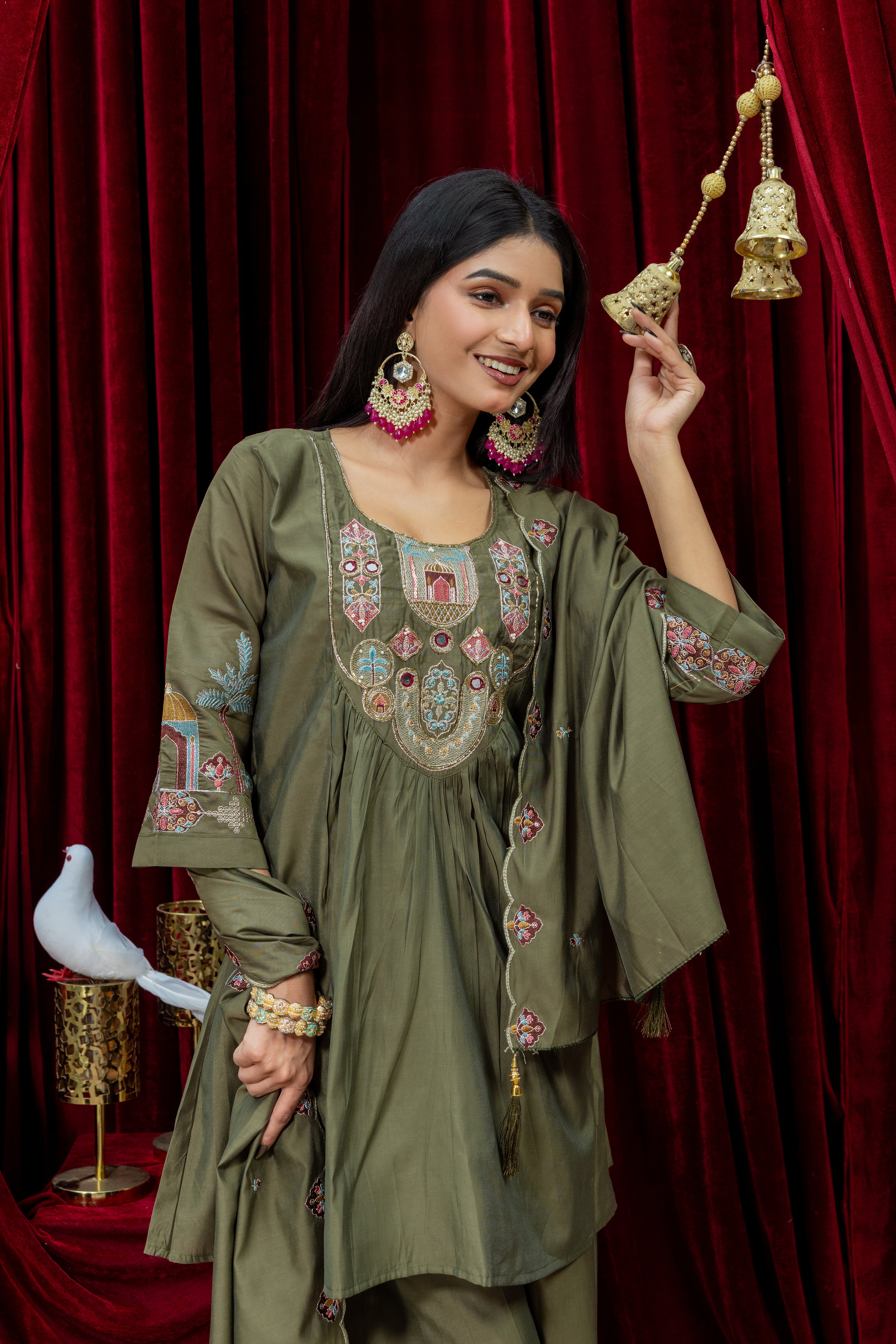 Olive Green Embroidered Anarkali Suit Set with Dupatta