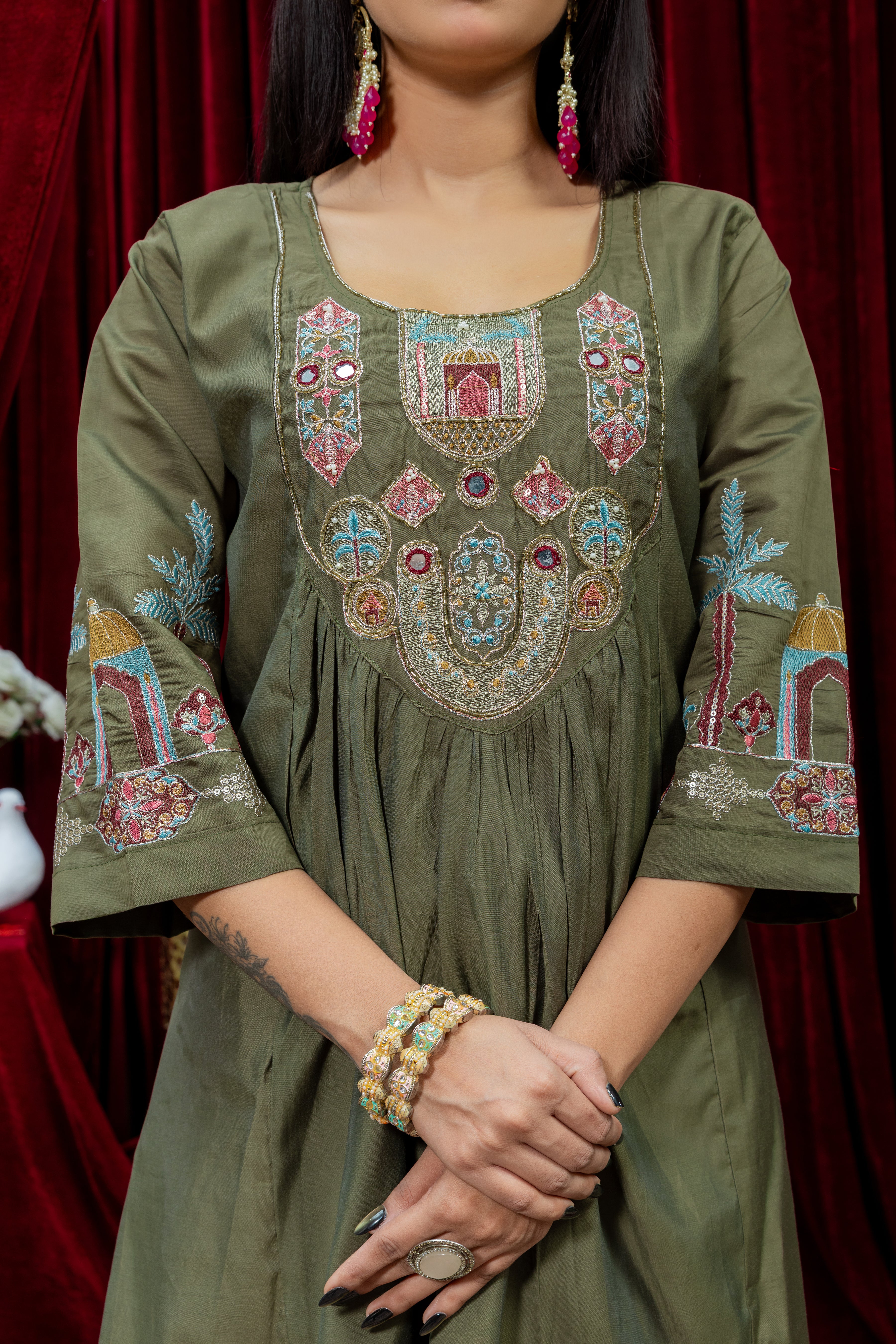 Olive Green Embroidered Anarkali Suit Set with Dupatta