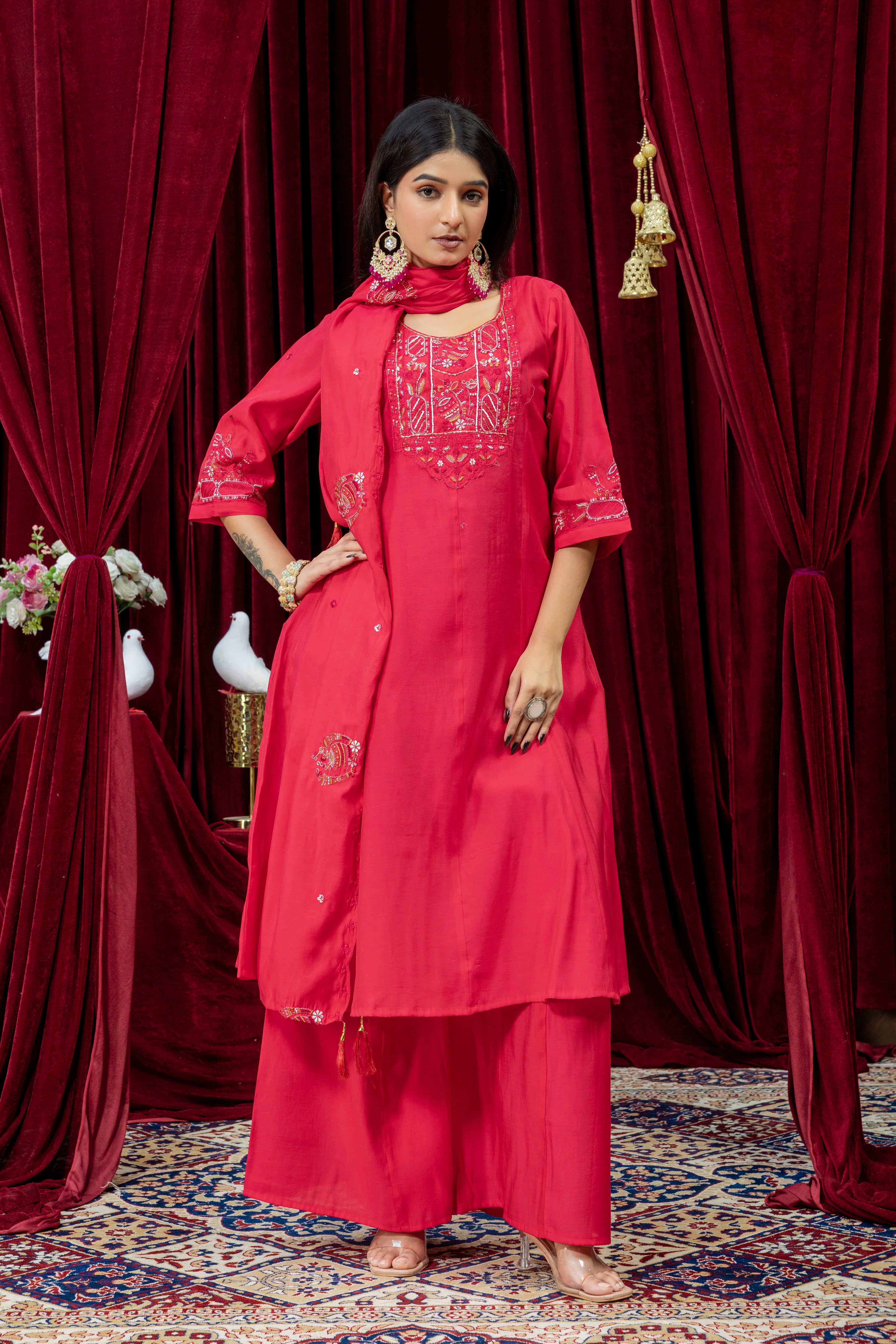 Rani Pink Embroidered Punjabi Suit Set with Dupatta