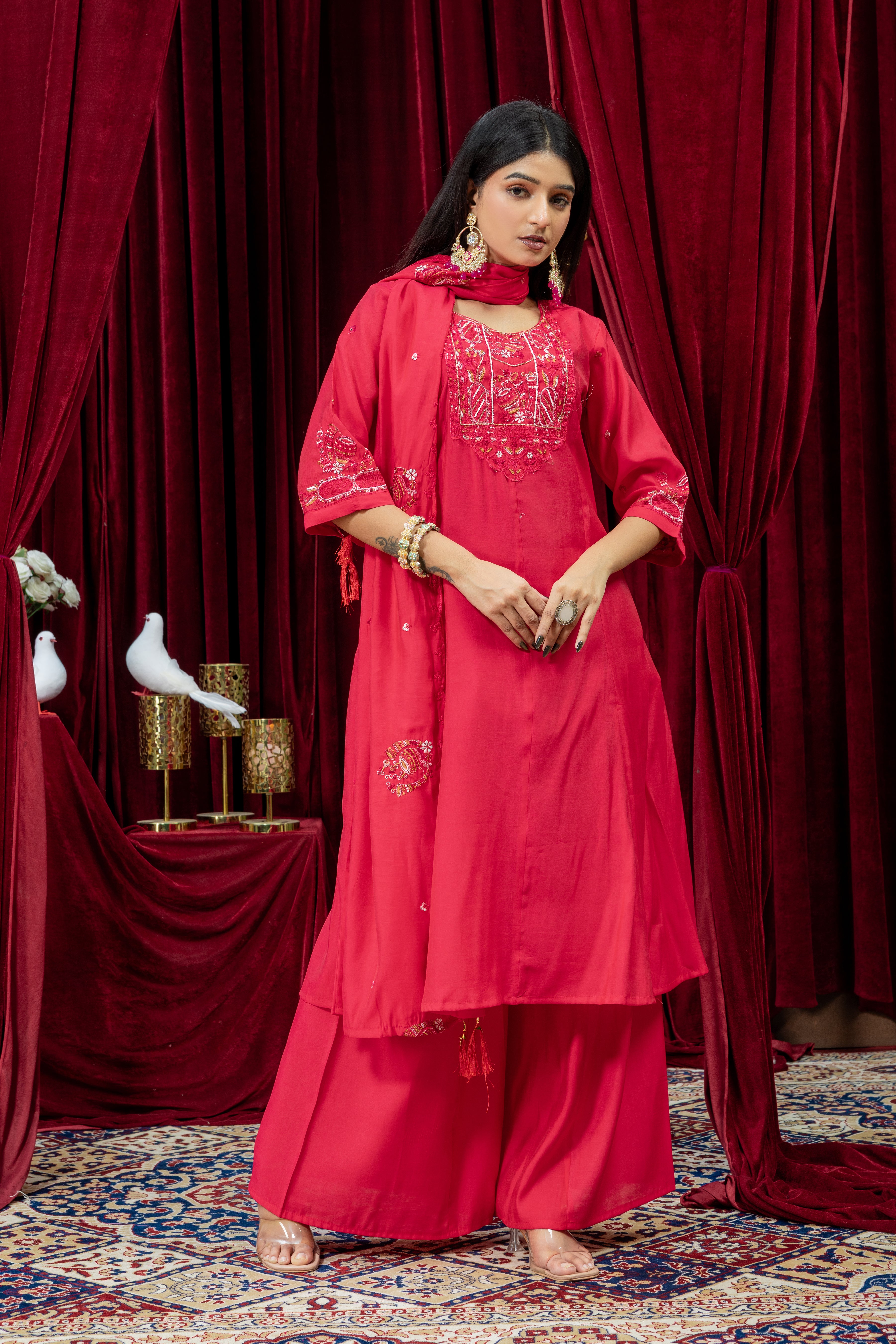 Rani Pink Embroidered Punjabi Suit Set with Dupatta