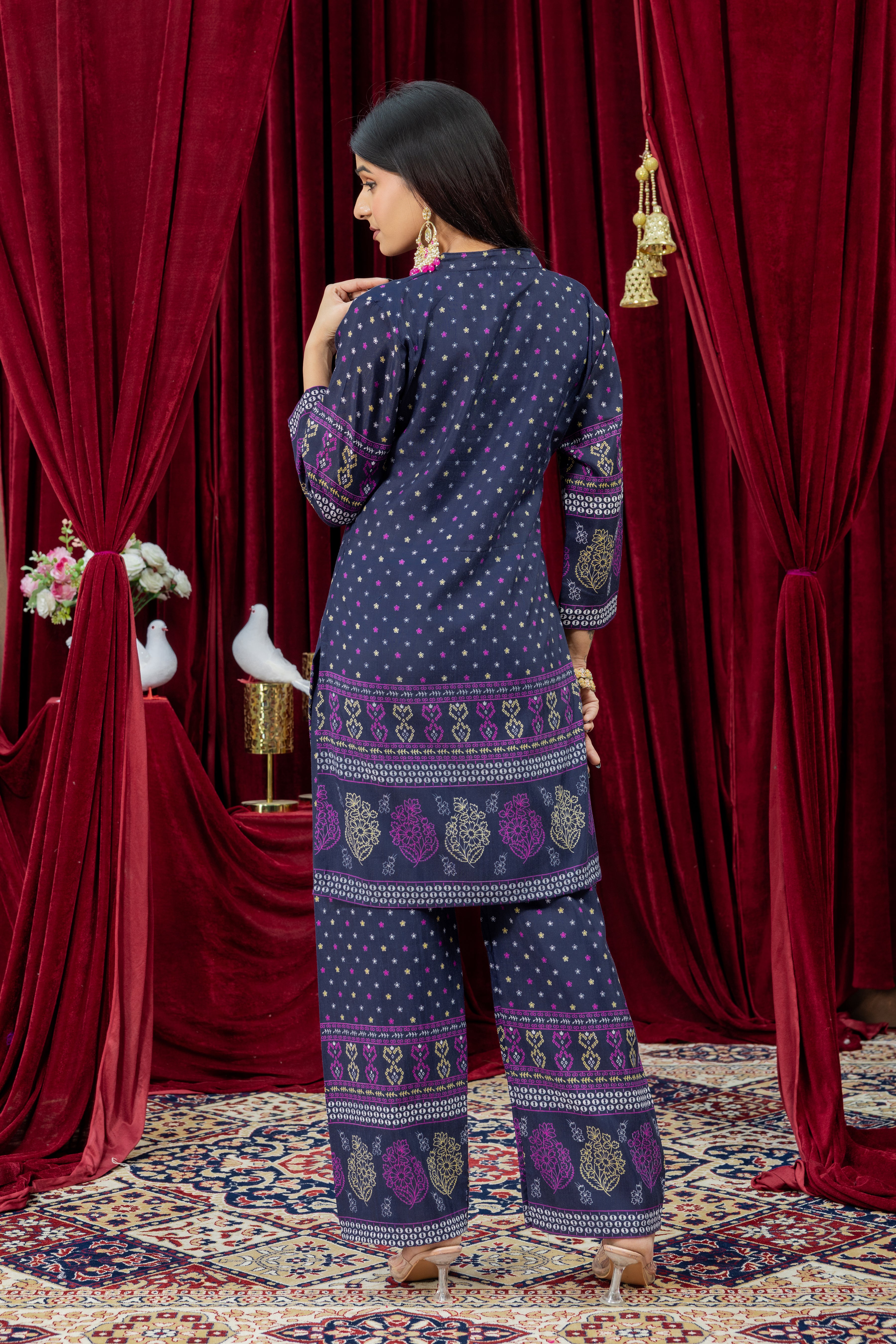 Navy Blue Printed Straight Kurta with Palazzo Set for Women