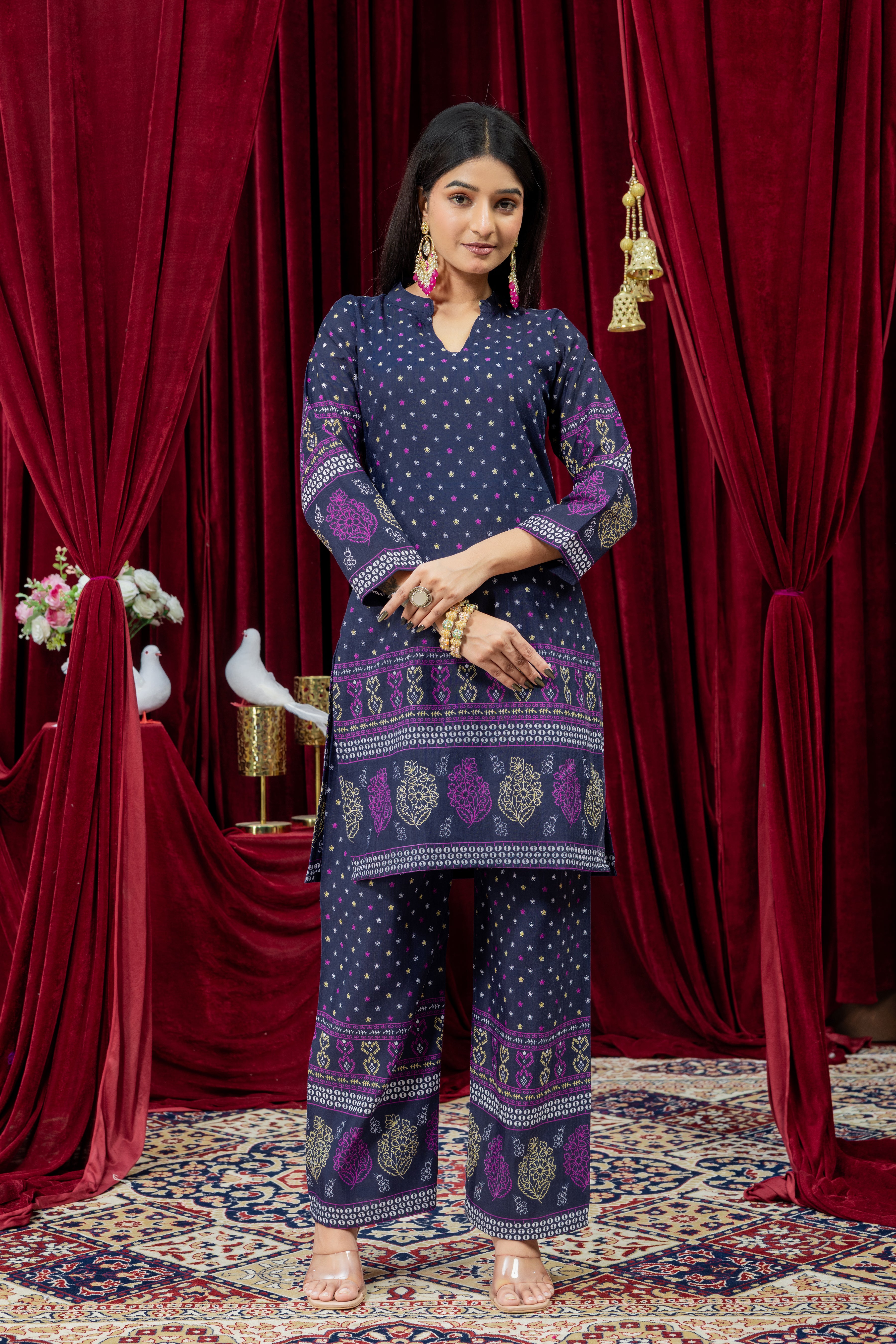 Navy Blue Printed Straight Kurta with Palazzo Set for Women