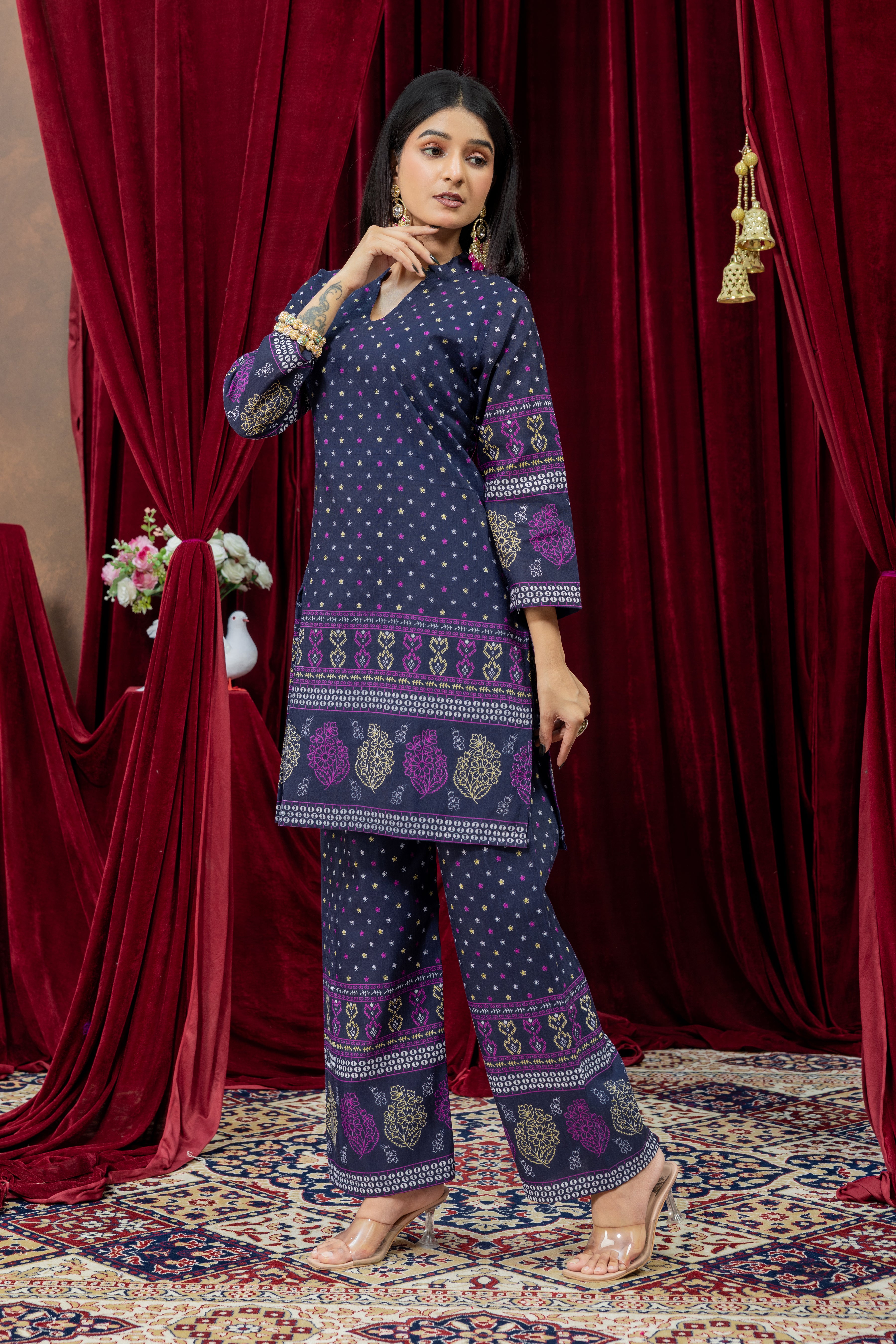 Navy Blue Printed Straight Kurta with Palazzo Set for Women