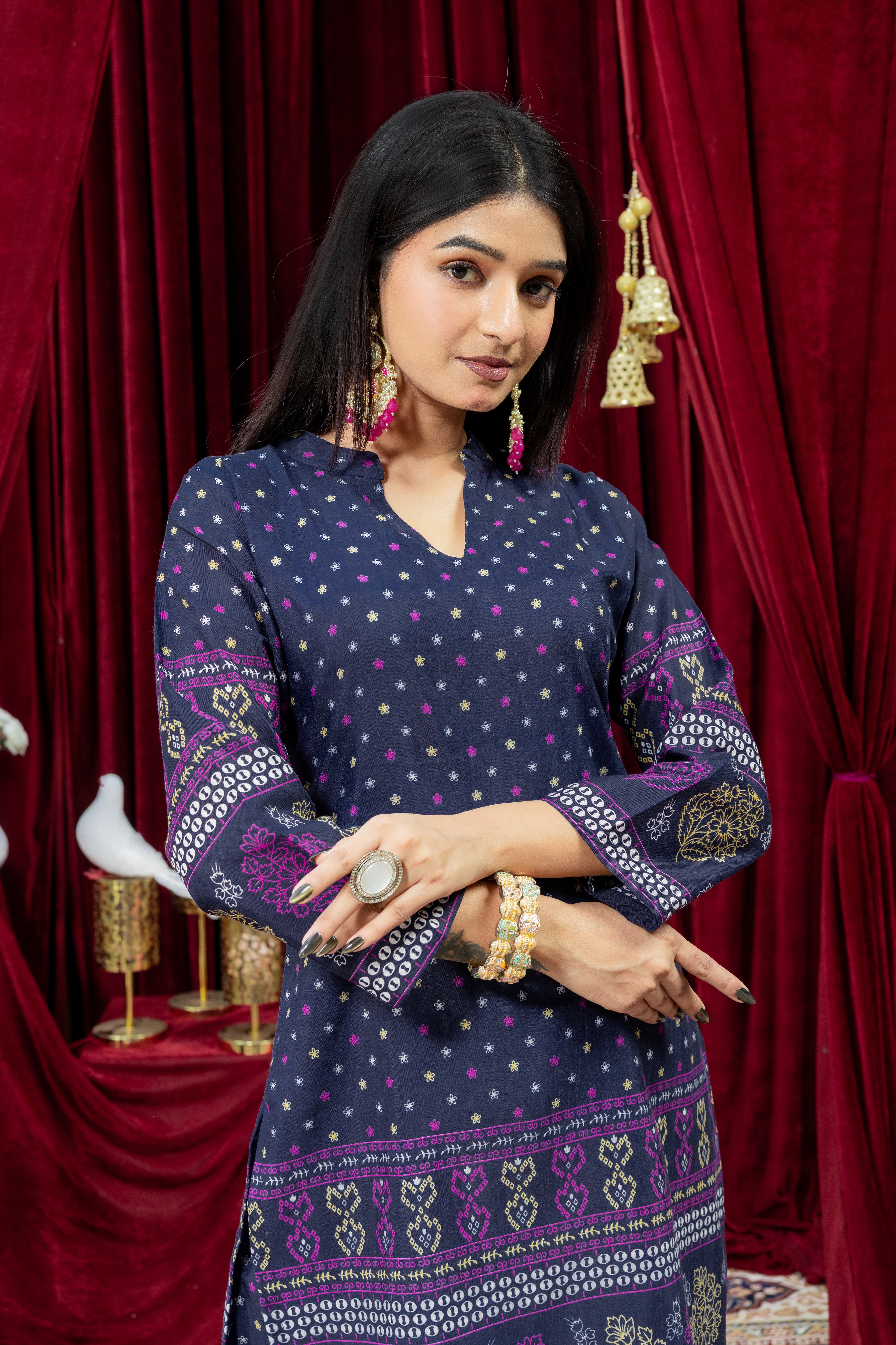 Navy Blue Printed Straight Kurta with Palazzo Set for Women