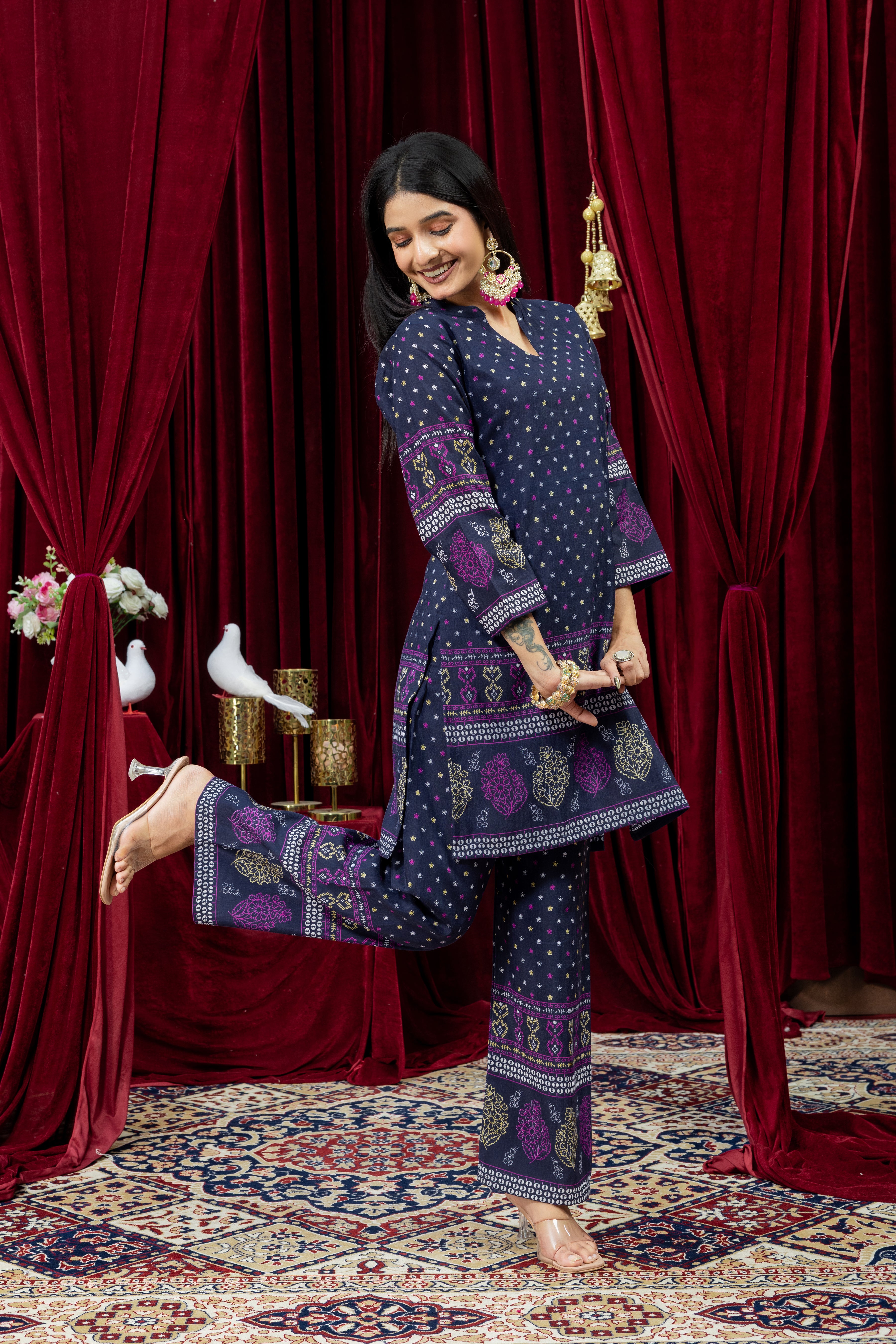 Navy Blue Printed Straight Kurta with Palazzo Set for Women