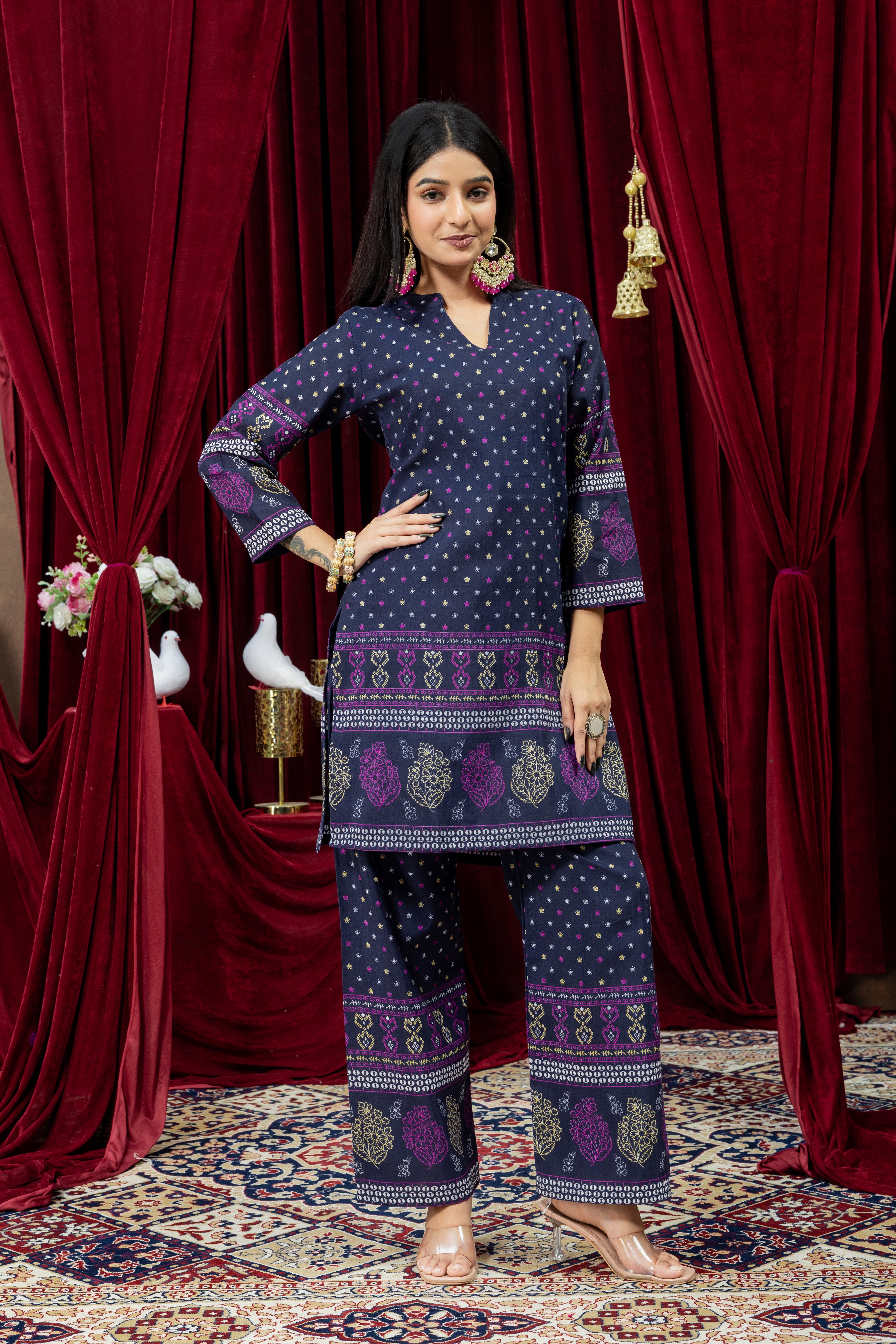 Navy Blue Printed Straight Kurta with Palazzo Set for Women