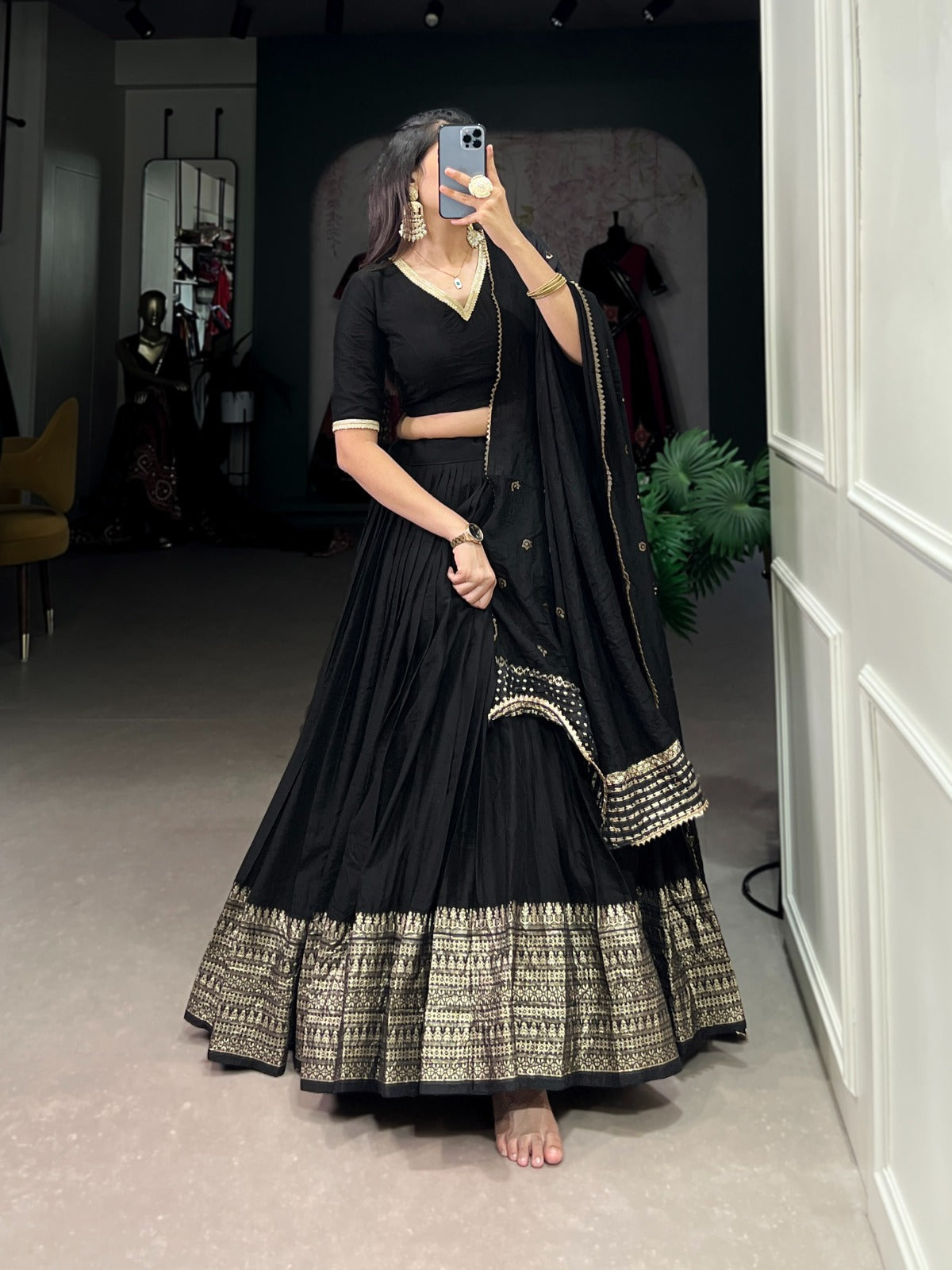 Pure Chanderi Lehenga with Zari Border & Sequin Dupatta