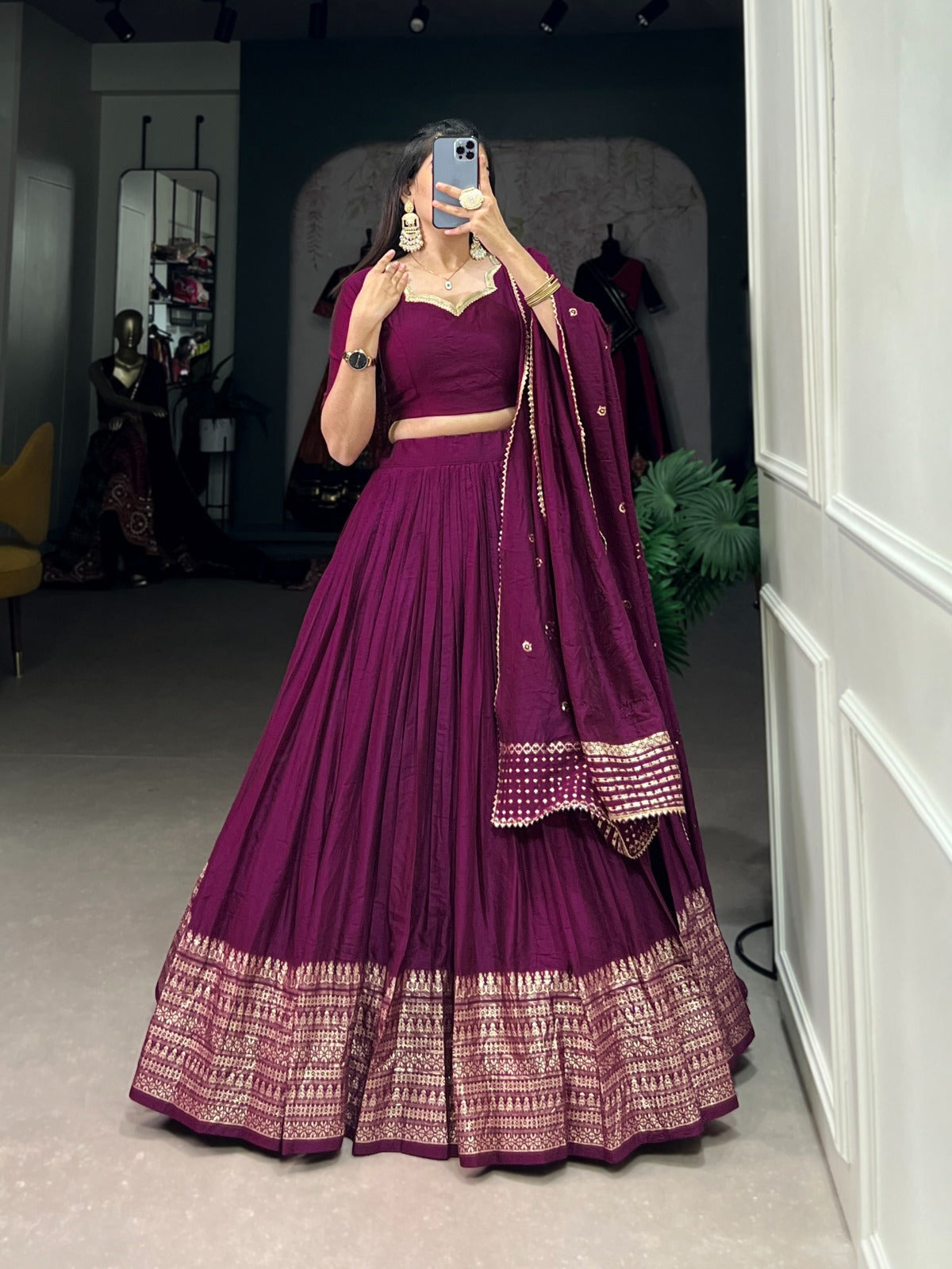 Pure Chanderi Lehenga with Zari Border & Sequin Dupatta