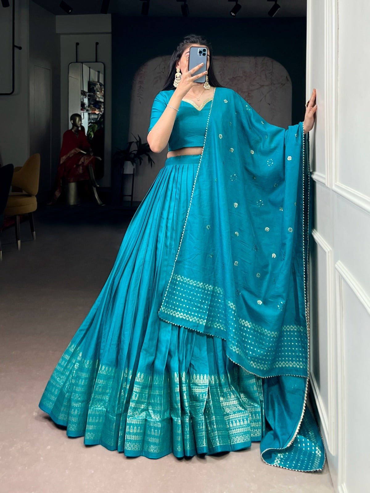 Pure Chanderi Lehenga with Zari Border & Sequin Dupatta