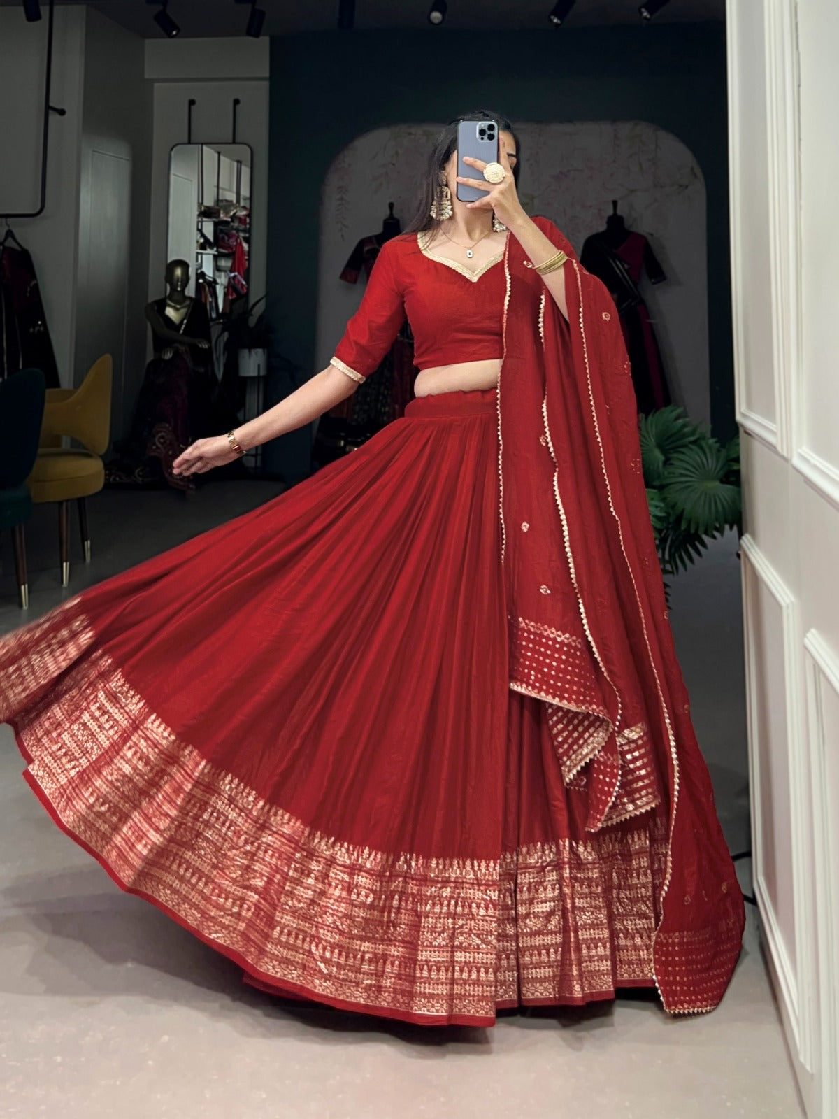 Pure Chanderi Lehenga with Zari Border & Sequin Dupatta