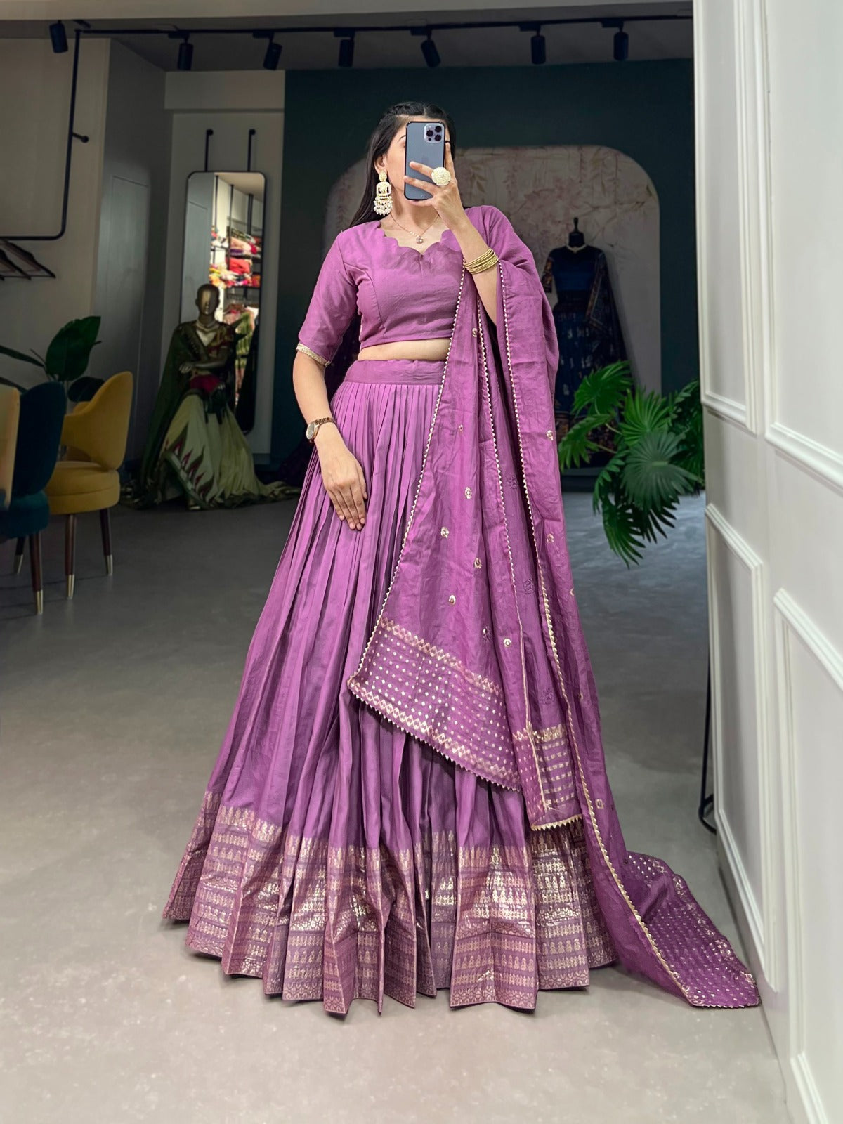 Pure Chanderi Lehenga with Zari Border & Sequin Dupatta