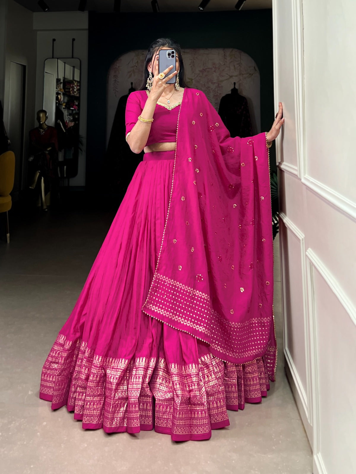 Pure Chanderi Lehenga with Zari Border & Sequin Dupatta