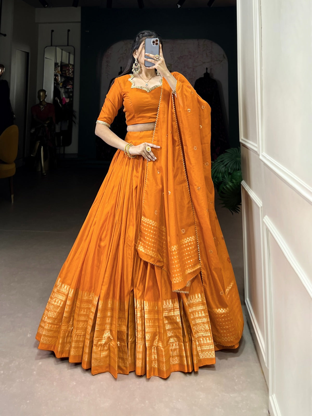 Pure Chanderi Lehenga with Zari Border & Sequin Dupatta