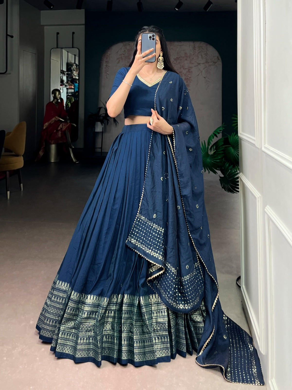 Pure Chanderi Lehenga with Zari Border & Sequin Dupatta