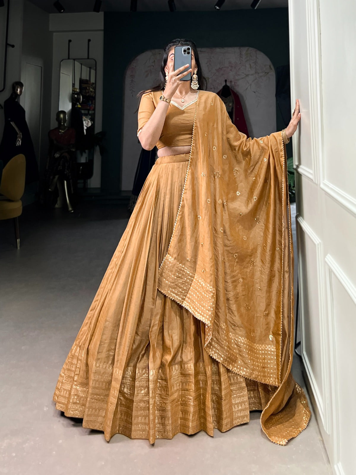 Pure Chanderi Lehenga with Zari Border & Sequin Dupatta
