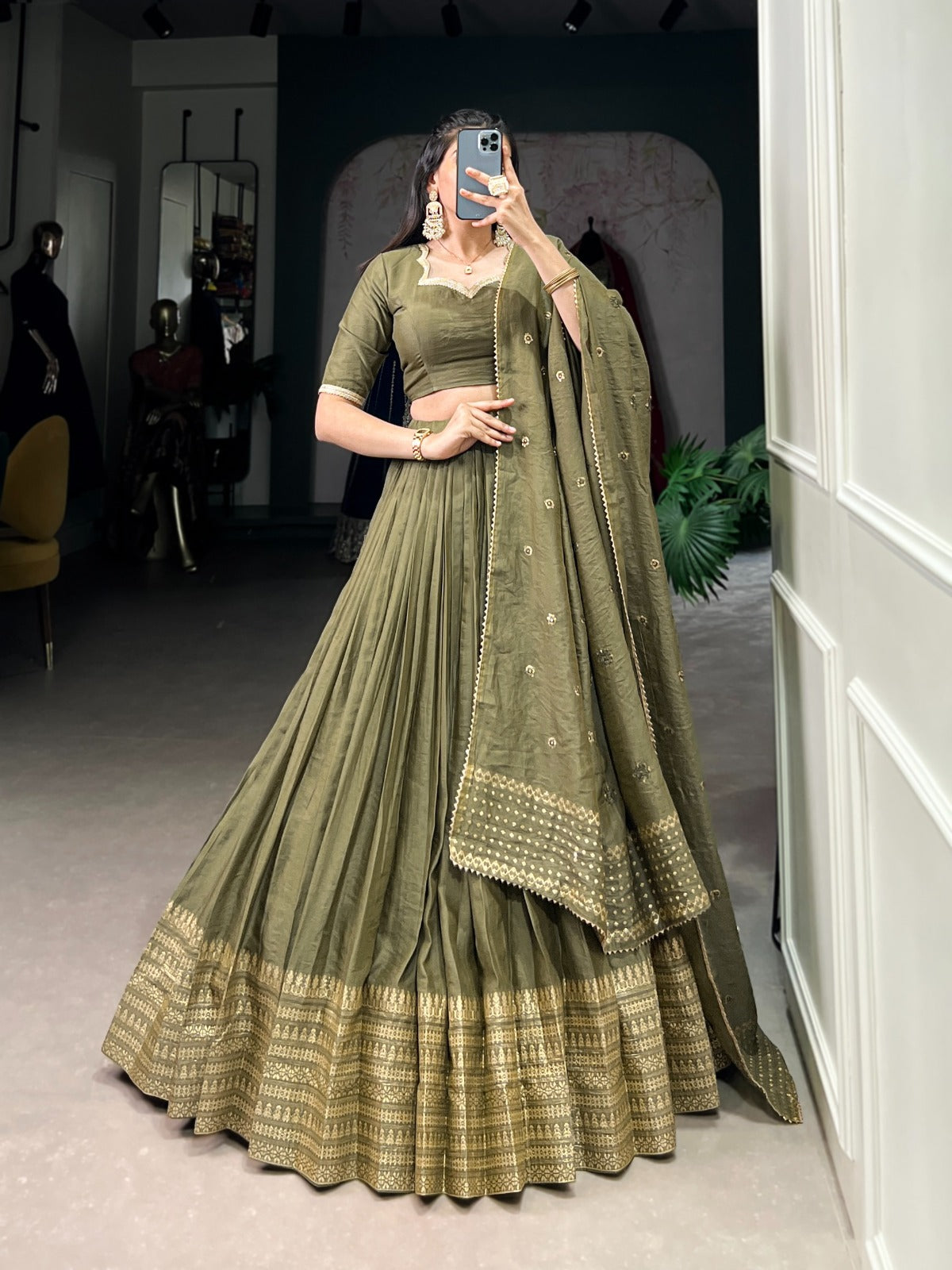 Pure Chanderi Lehenga with Zari Border & Sequin Dupatta