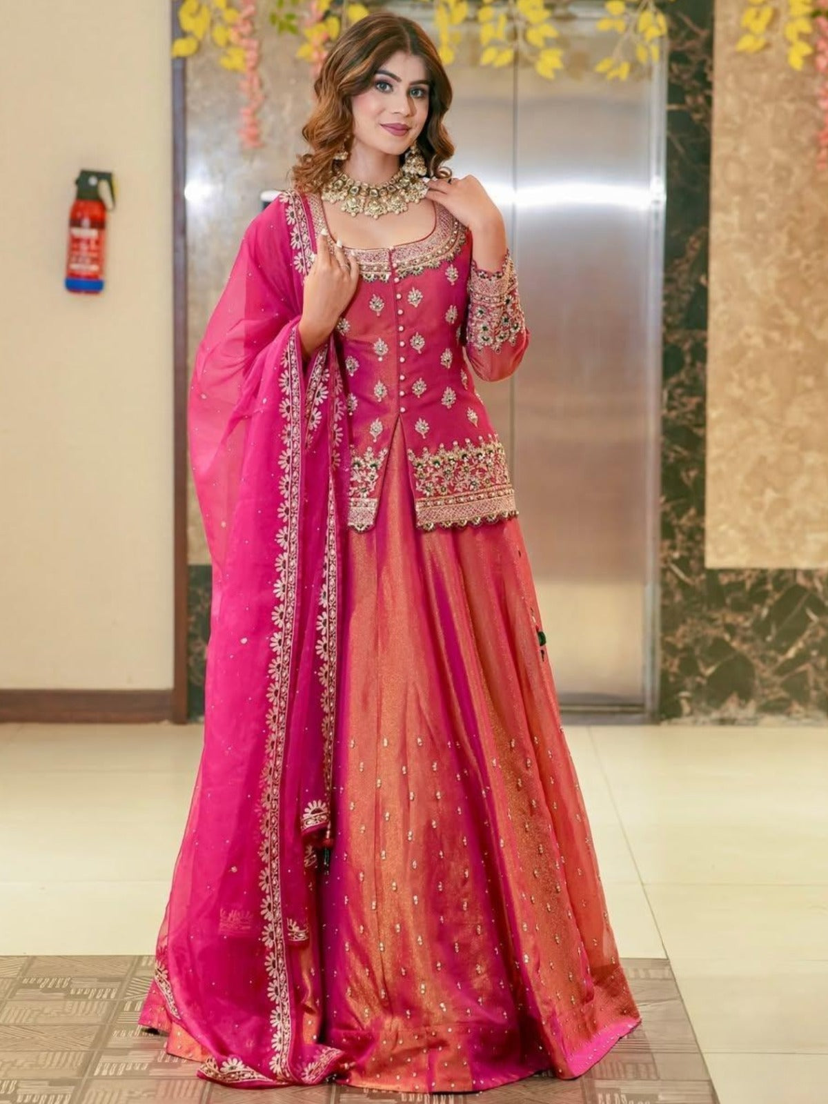 Premium Pink Color Fendi Long Choli-Lehenga Set