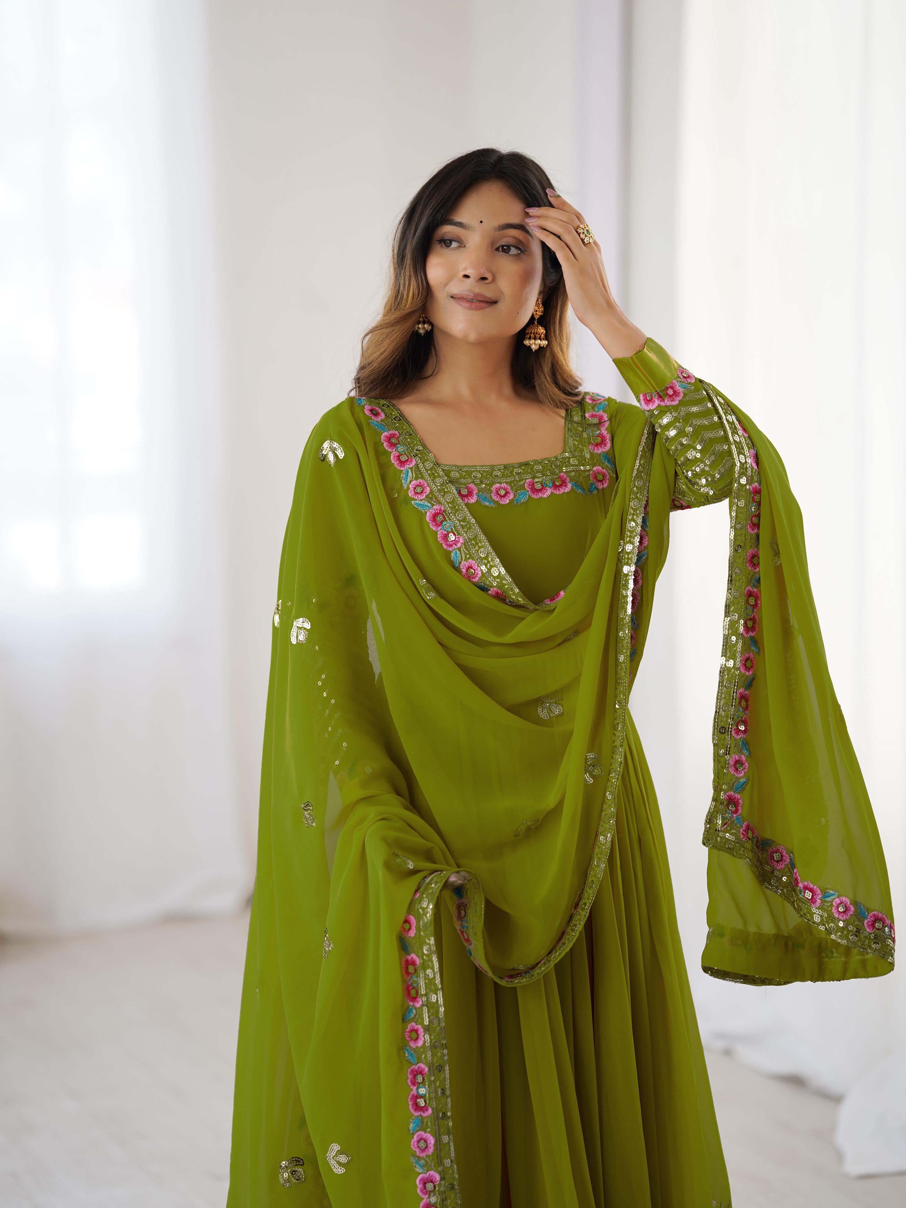 "Elegant Heavy Lace Work Designer Anarkali Three Piece Set"*