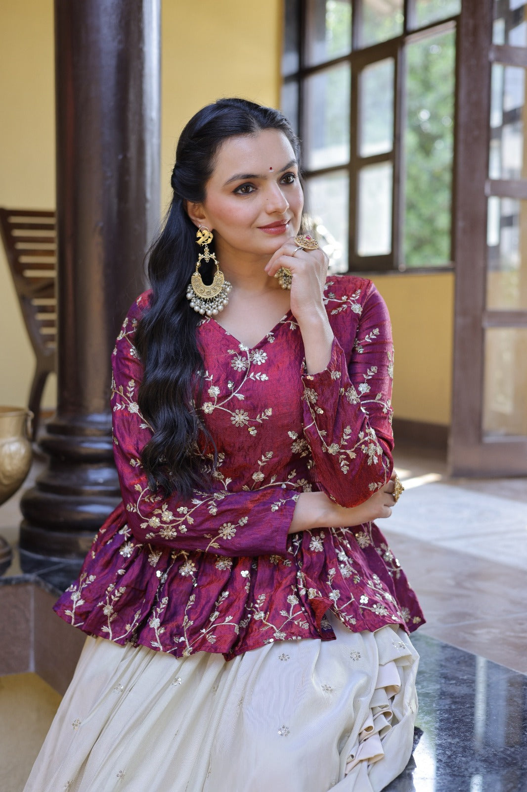 Red Embroidered Peplum Top with Ivory Flared Lehenga Set